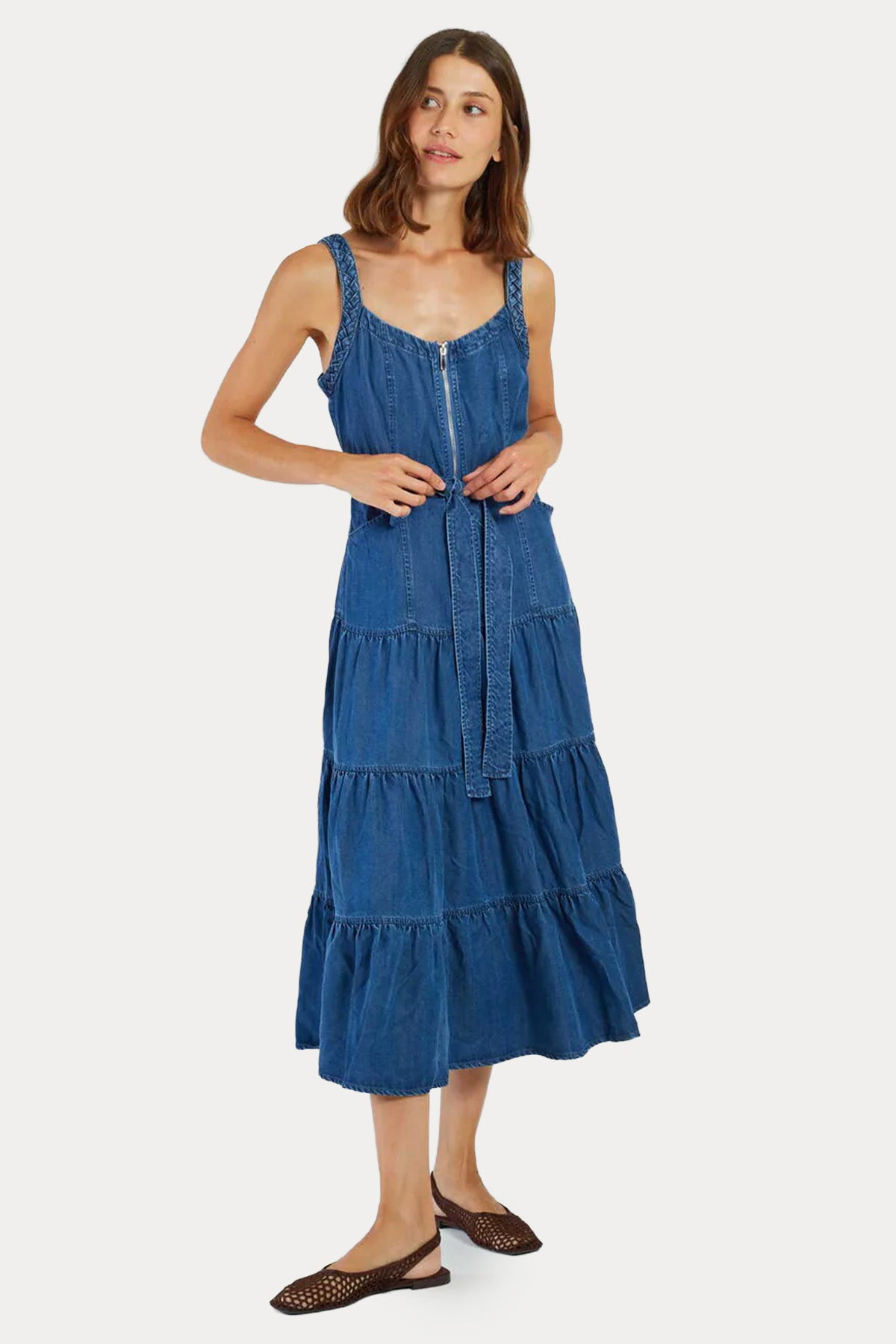 Rene Derhy Gilly Kemerli Denim Midi Elbise-Elbise-Libas