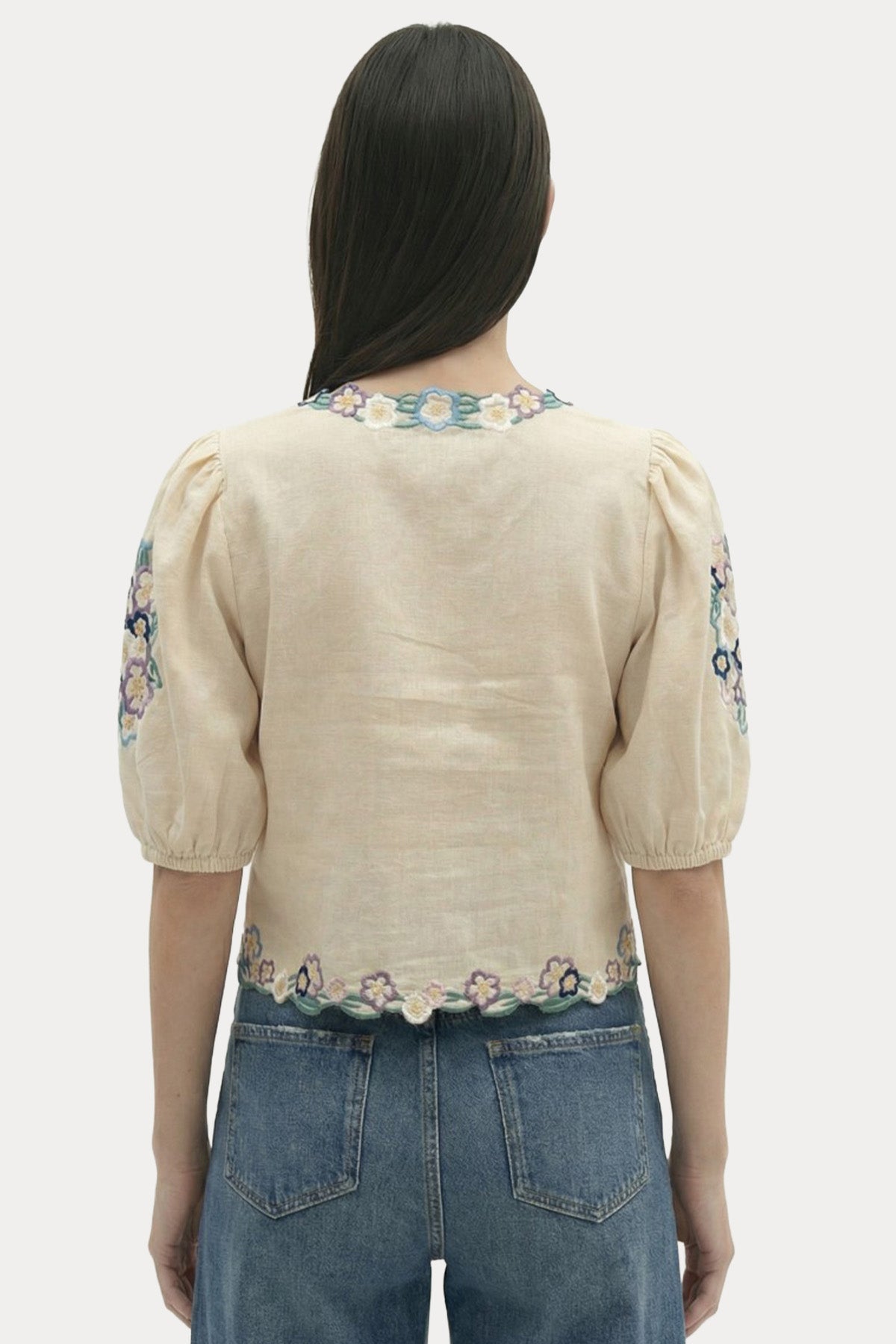 Berenice Regular Fit Nakış Desenli Keten Bluz
