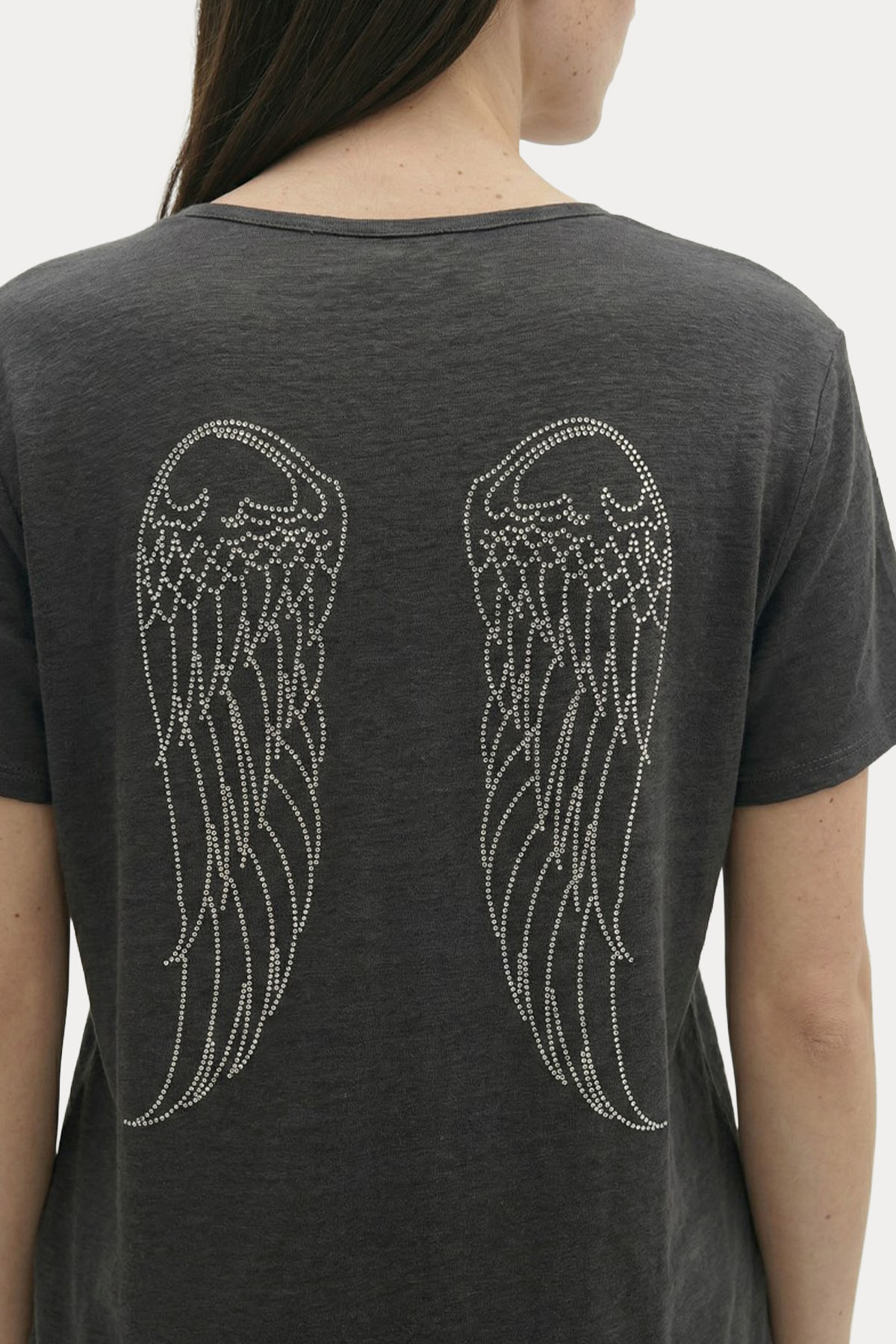 Berenice V Yaka Kanat Desenli Keten T-shirt
