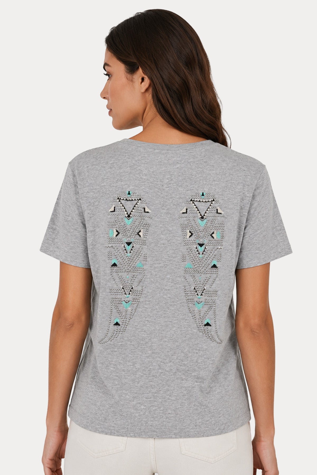 Berenice V Yaka Kanat Desenli Keten T-shirt
