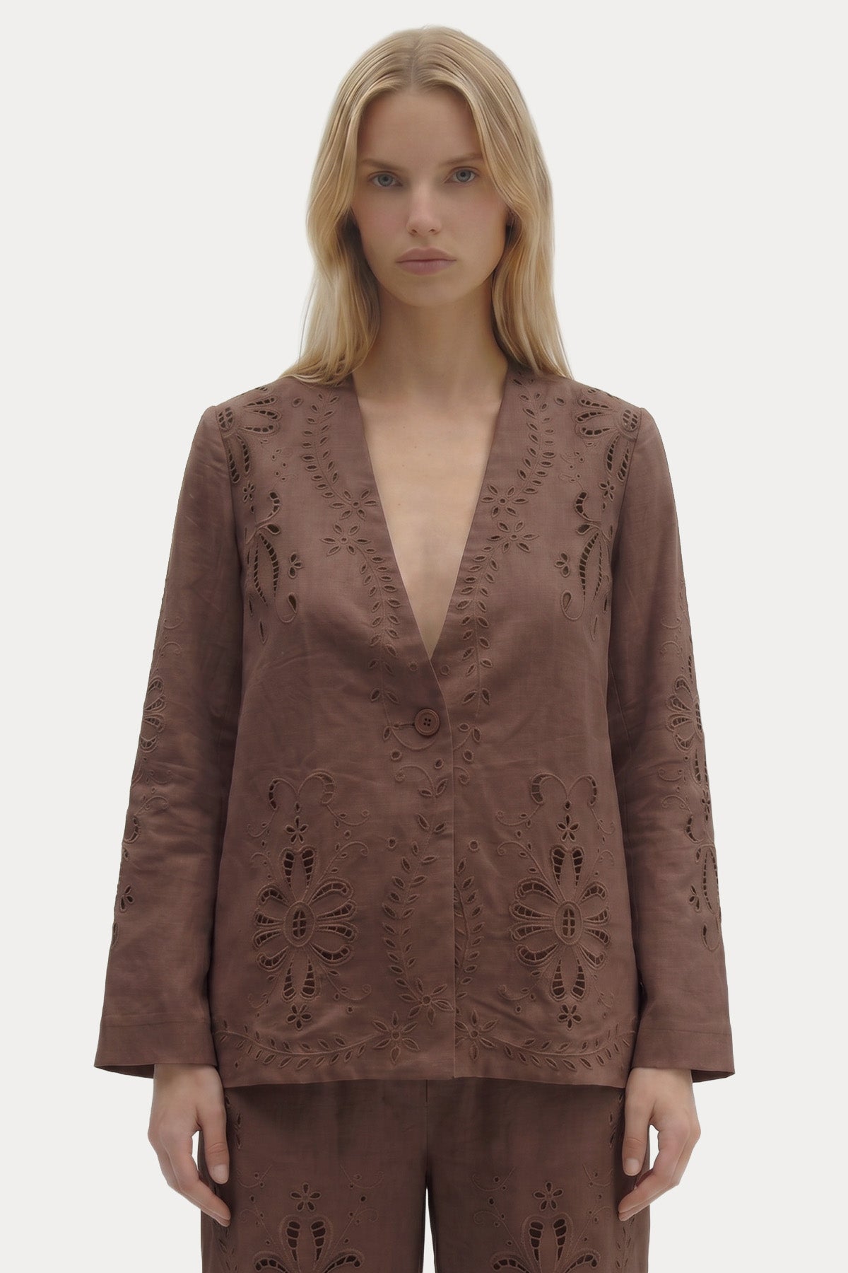 Berenice Relaxed Fit Nakış Çiçek Desenli Keten Blazer Ceket