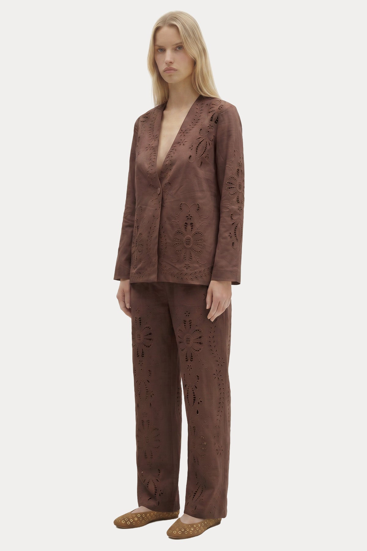 Berenice Relaxed Fit Nakış Çiçek Desenli Keten Blazer Ceket