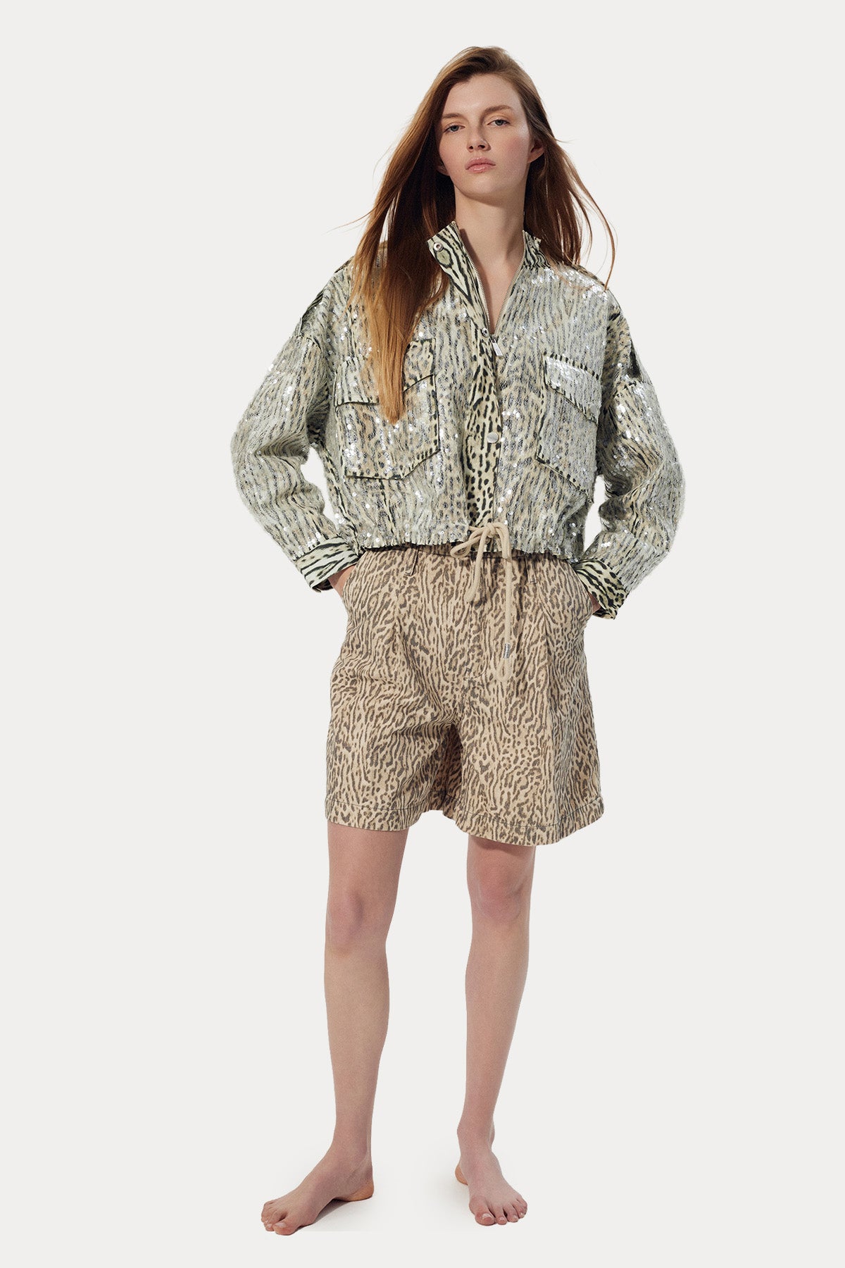 Bsb Yüksek Bel Leopar Desenli Denim Şort