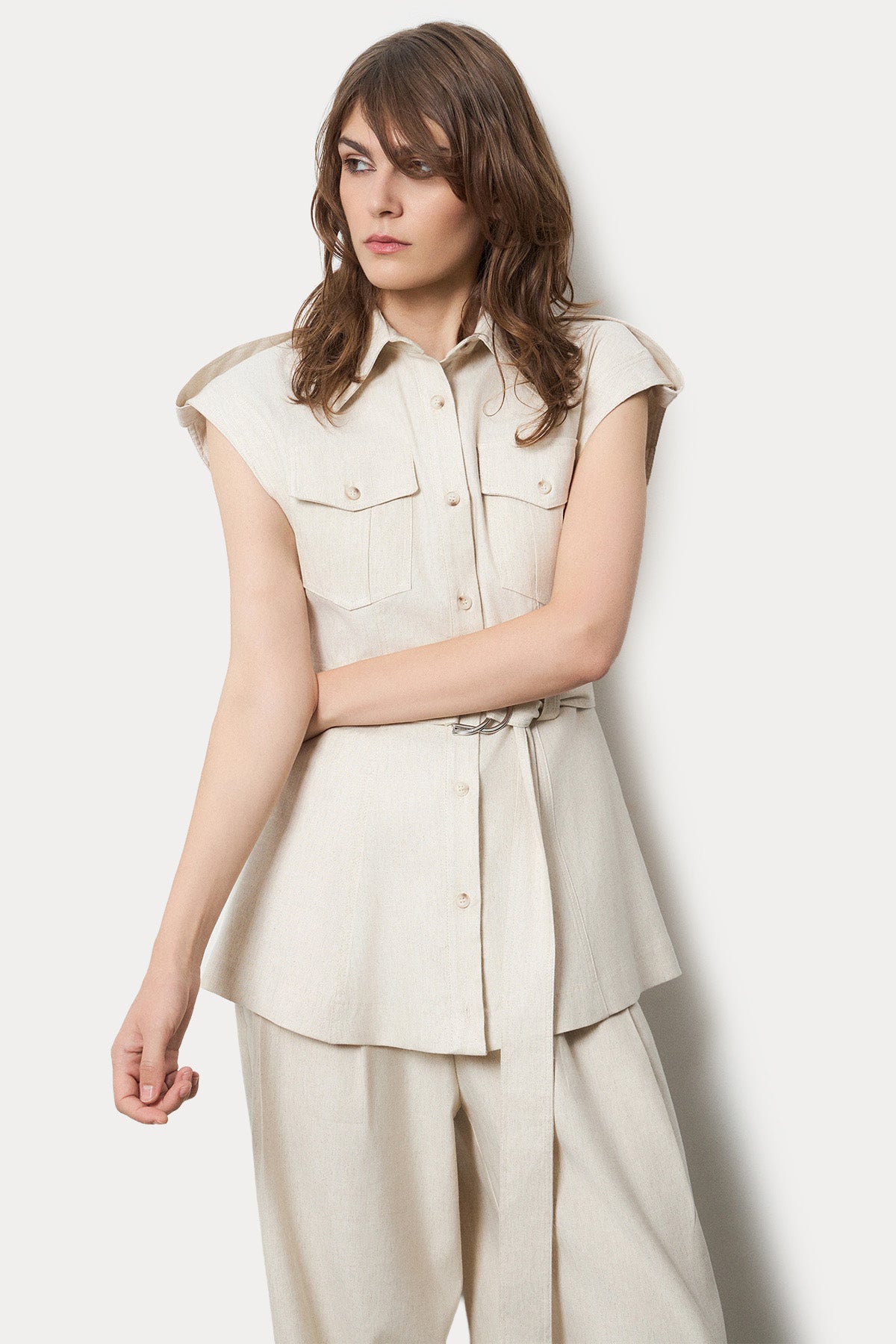 Bsb Relaxed Fit Kemerli Keten Safari Gömlek