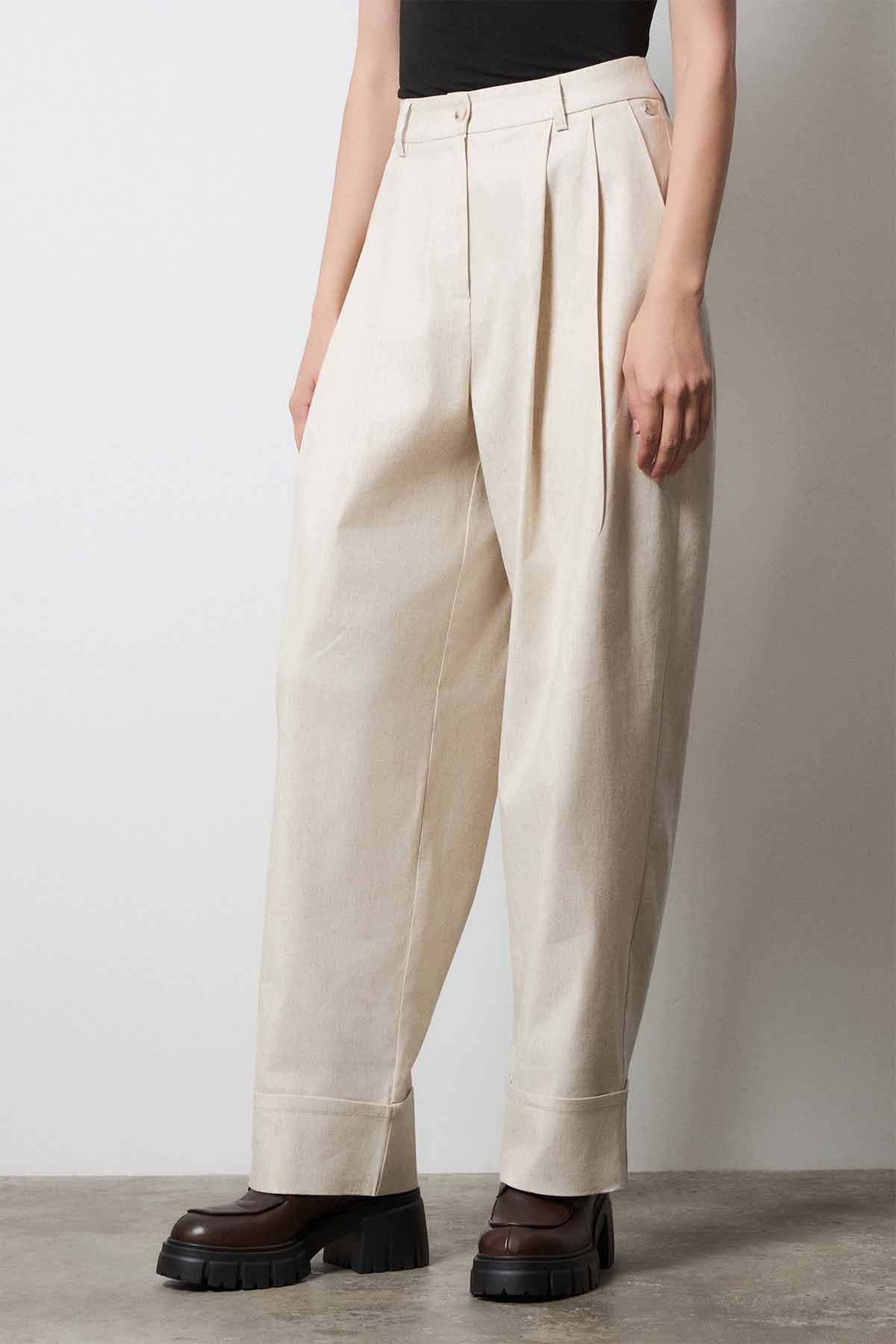 Bsb Relaxed Fit Çift Pile Kalın Duble Paça Keten Pantolon