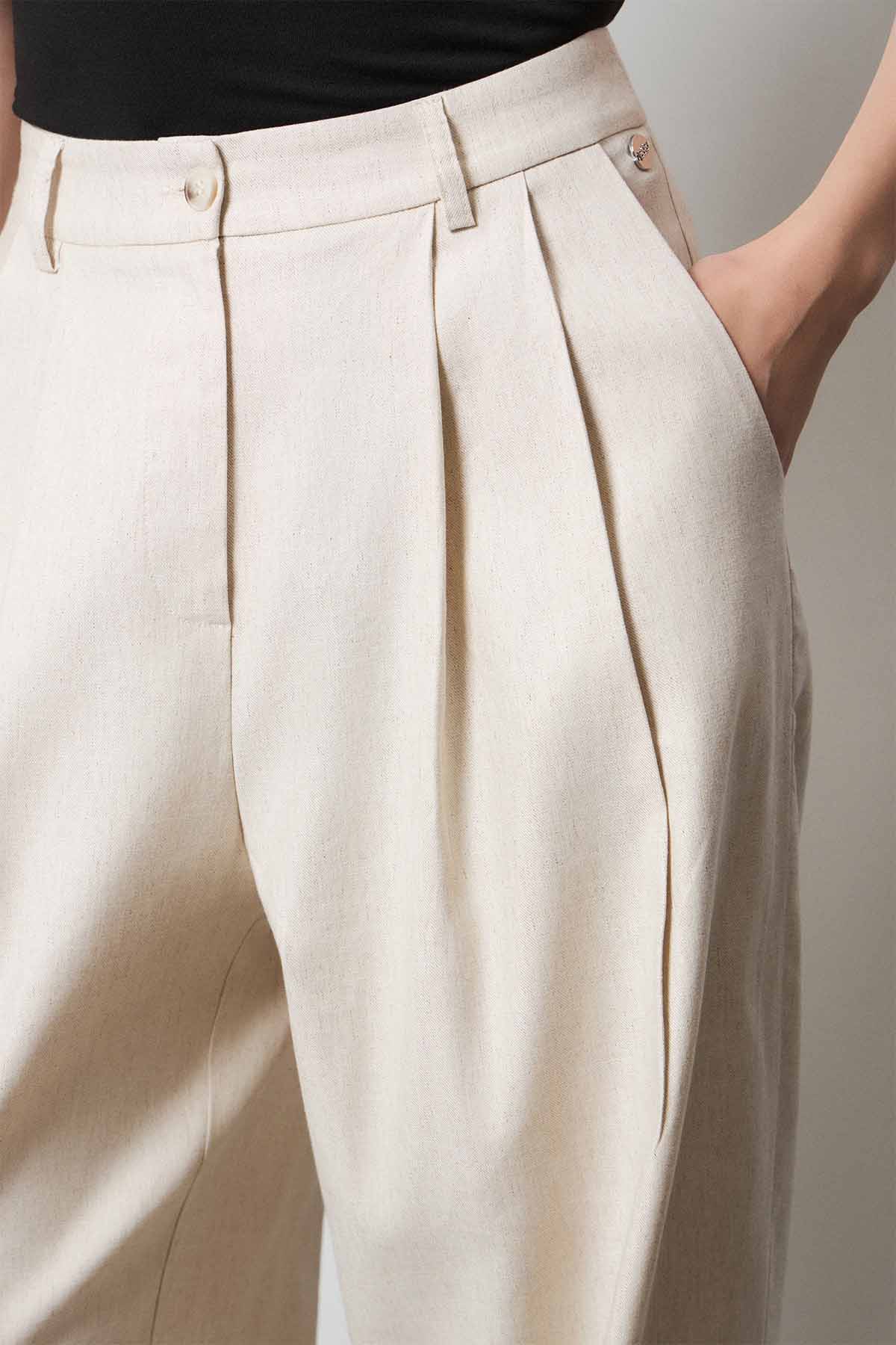 Bsb Relaxed Fit Çift Pile Kalın Duble Paça Keten Pantolon