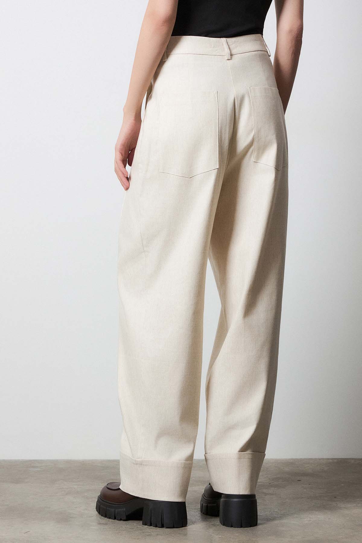 Bsb Relaxed Fit Çift Pile Kalın Duble Paça Keten Pantolon