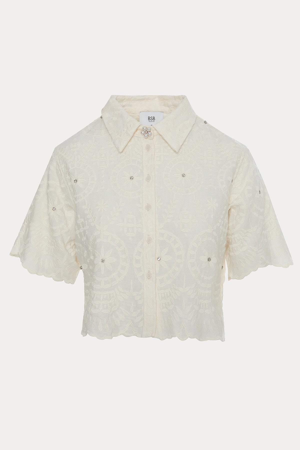 Bsb Regular Fit Nakış Desenli Crop Keten Gömlek