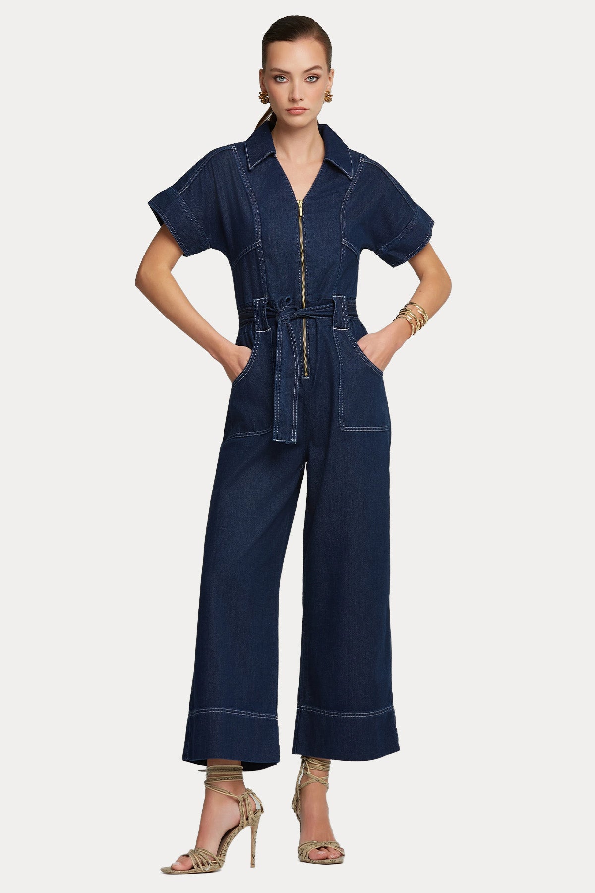 Lynne Fermuarlı Kemerli Denim Tulum