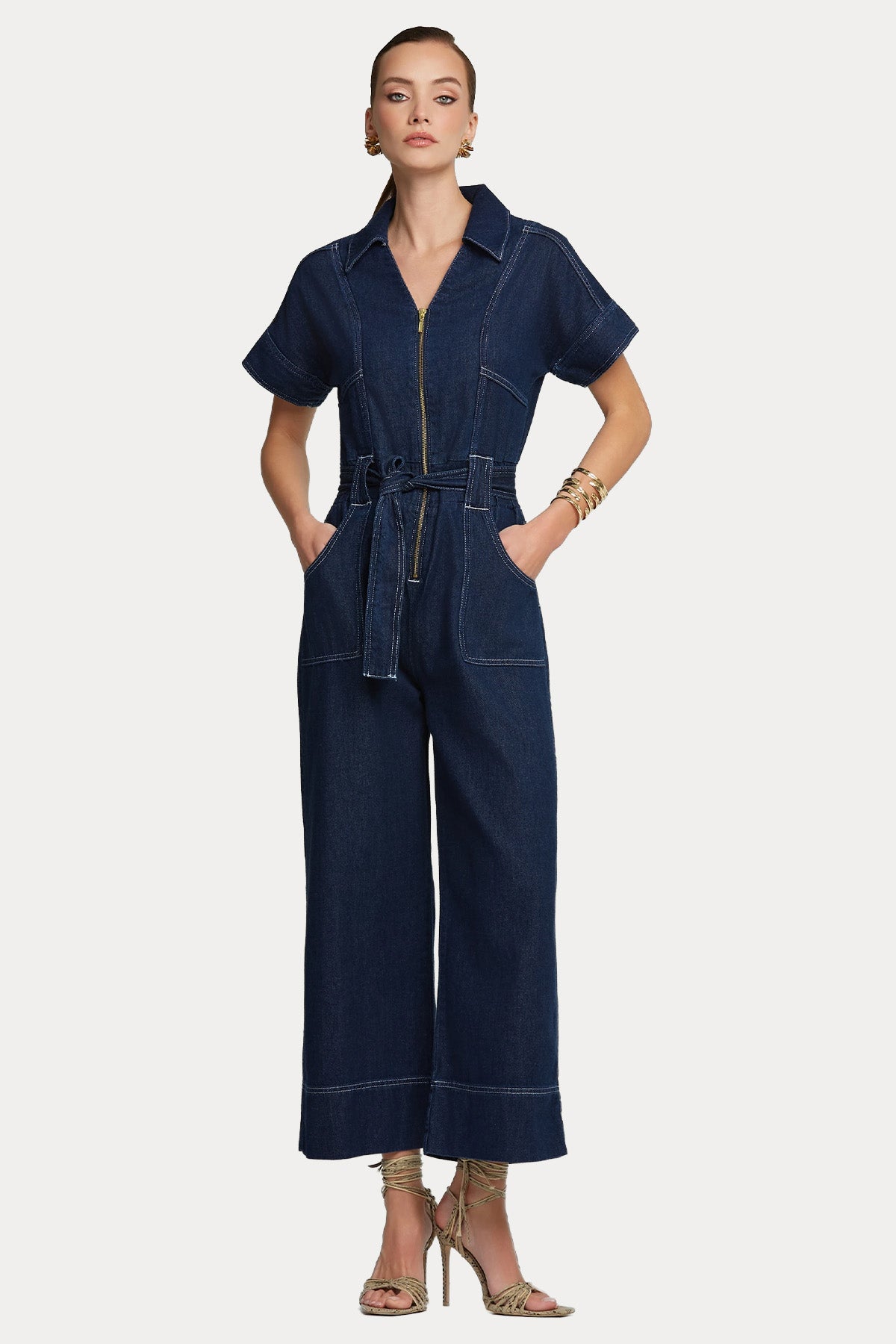 Lynne Fermuarlı Kemerli Denim Tulum-Tulum-Libas