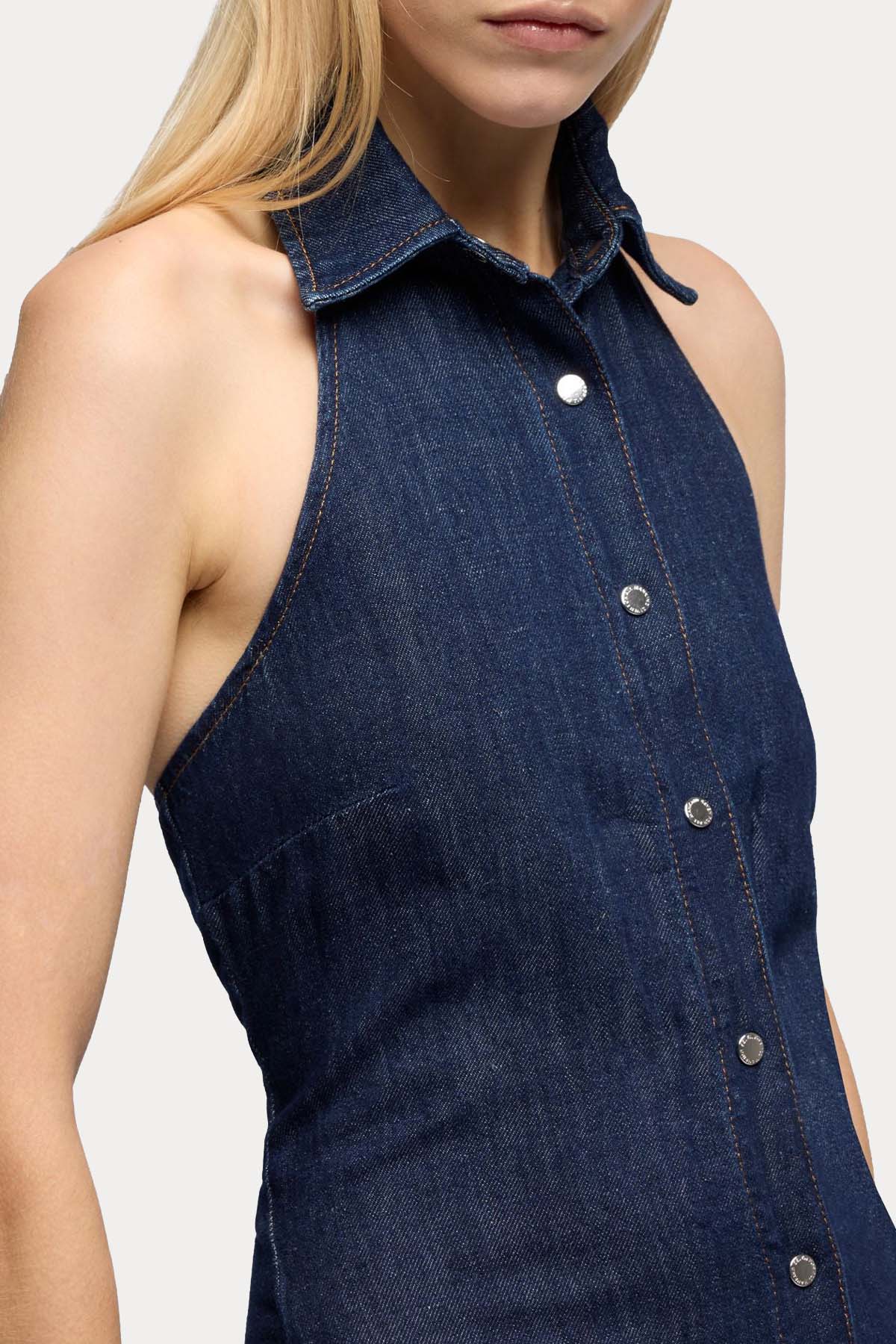 7 For All Mankind Keten Yıkamalı Denim Maxi Gömlek Elbise-Elbise-Libas