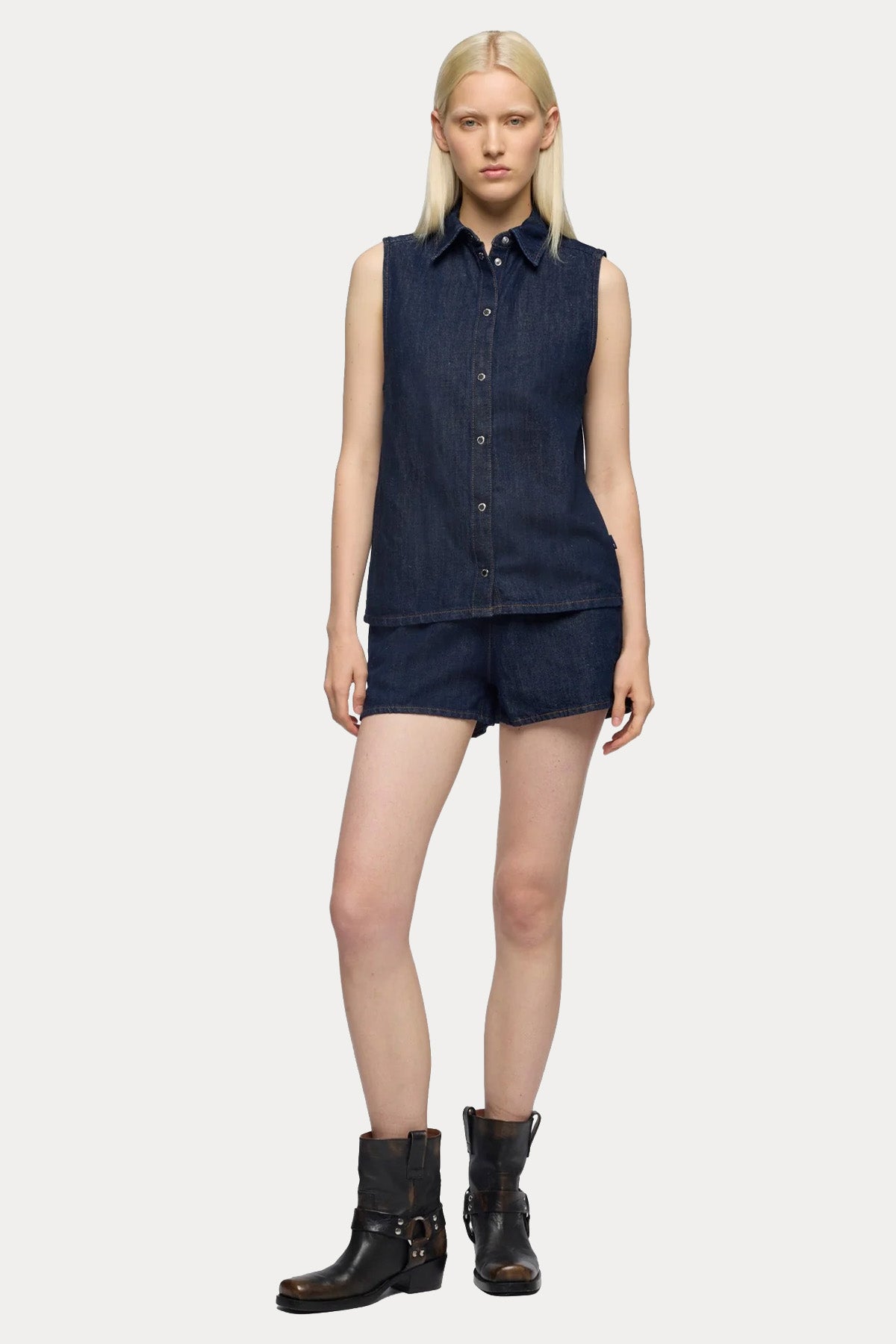 7 For All Mankind Relaxed Fit Keten Denim Yıkamalı Mini Şort