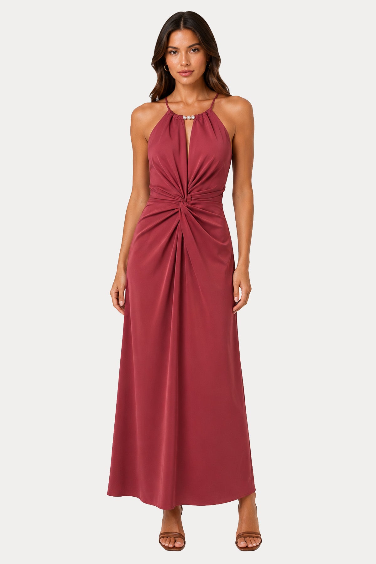 Hanita Slim Fit Halter Yaka Midi Abiye Elbise