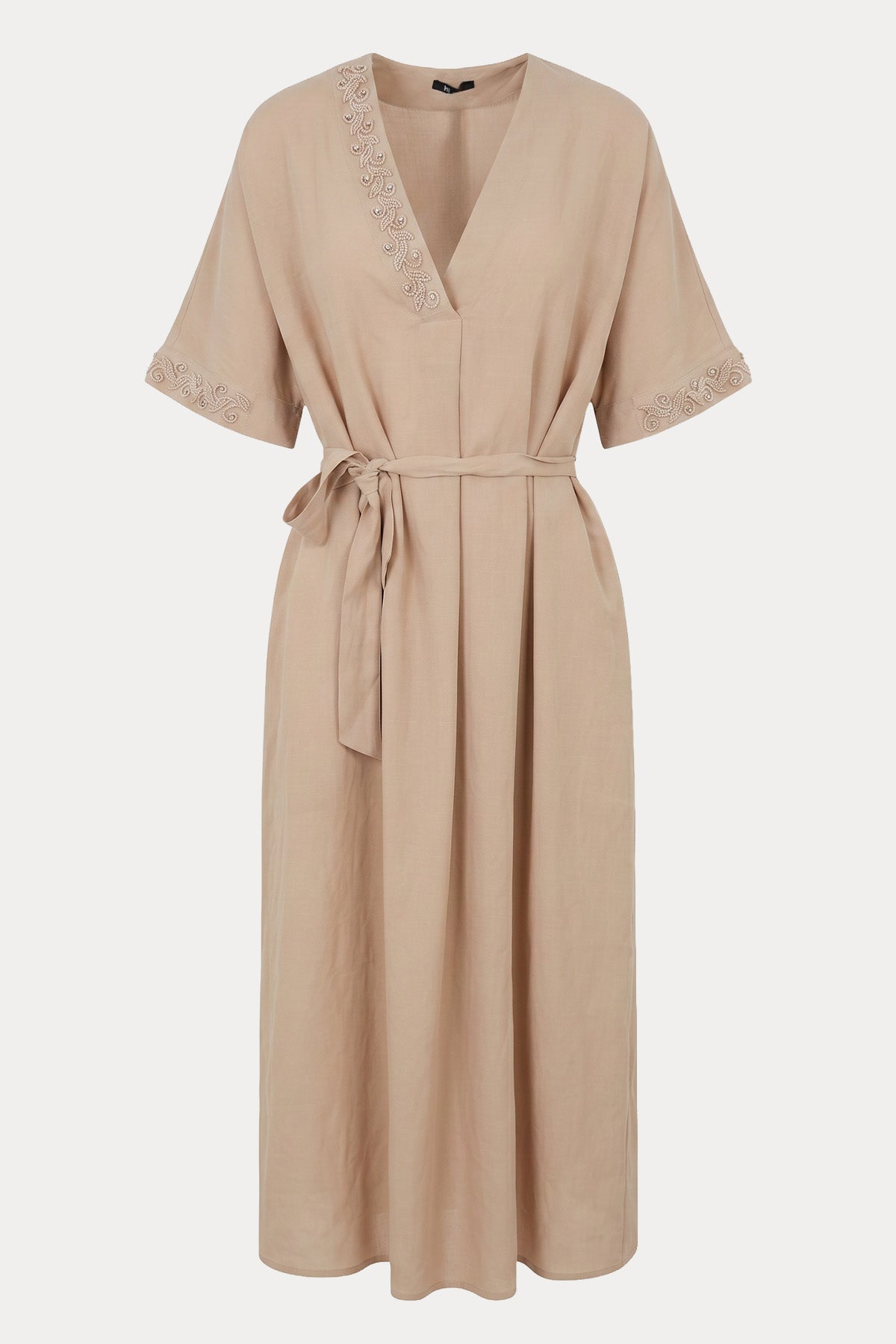 Hanita Relaxed Fit Kemerli Midi Keten Elbise