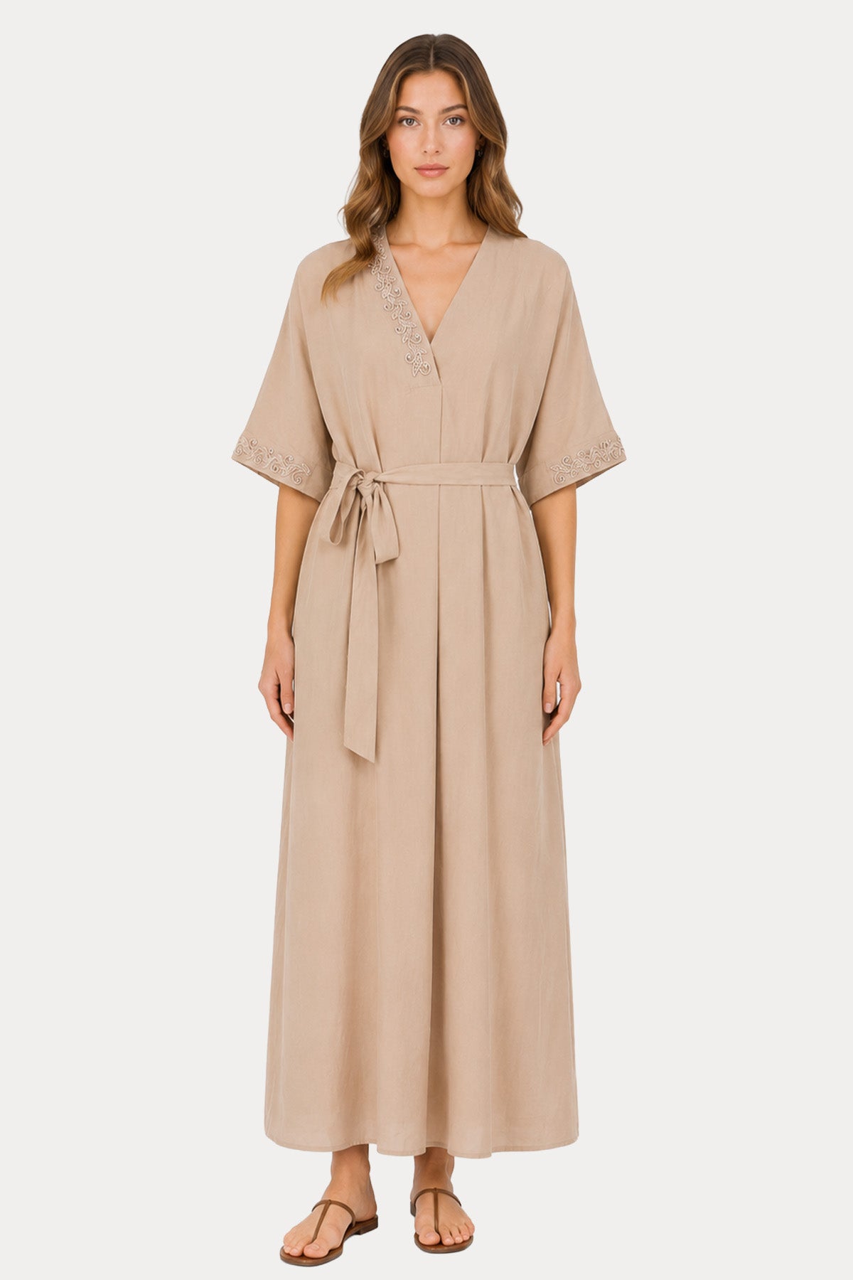 Hanita Relaxed Fit Kemerli Midi Keten Elbise