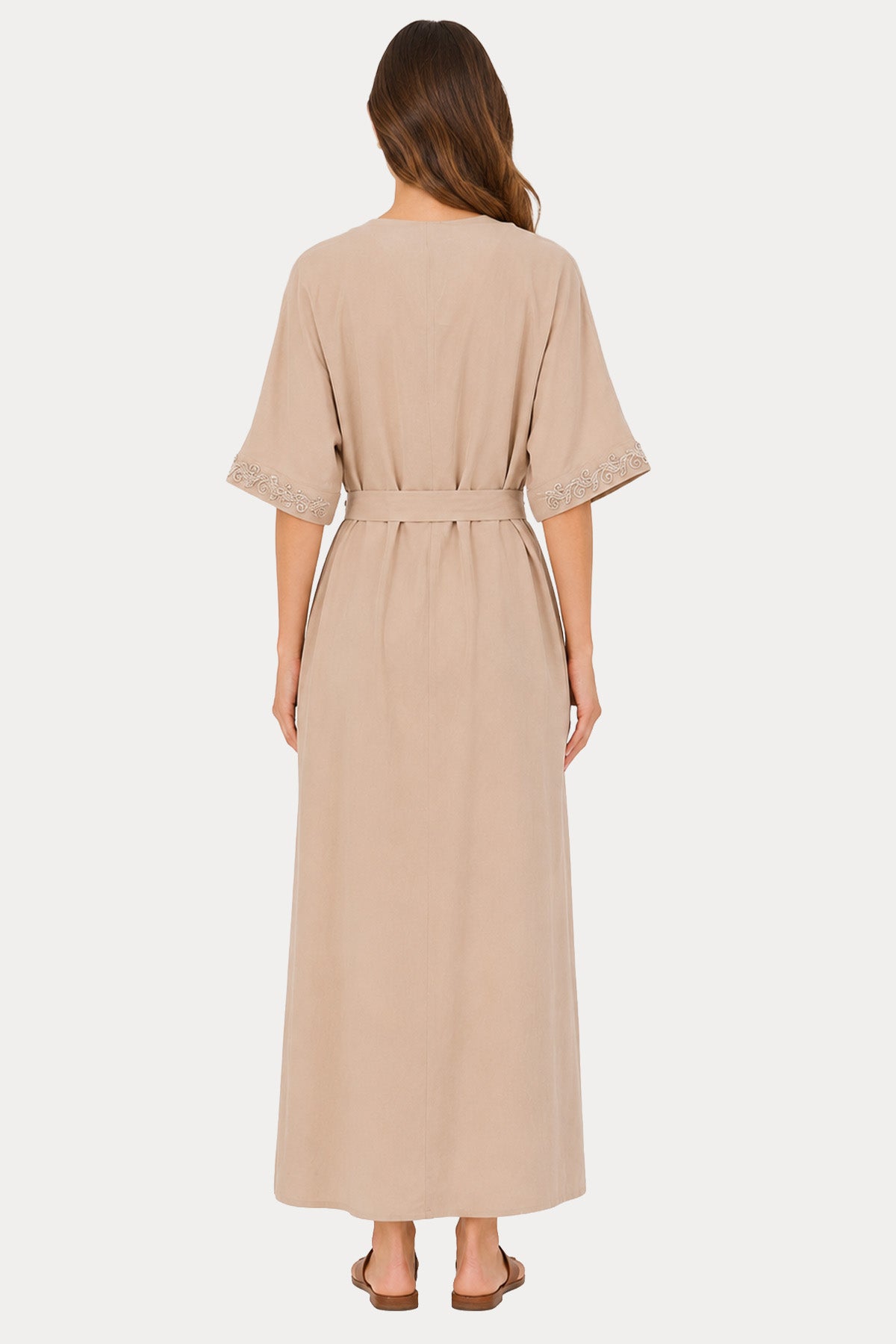 Hanita Relaxed Fit Kemerli Midi Keten Elbise