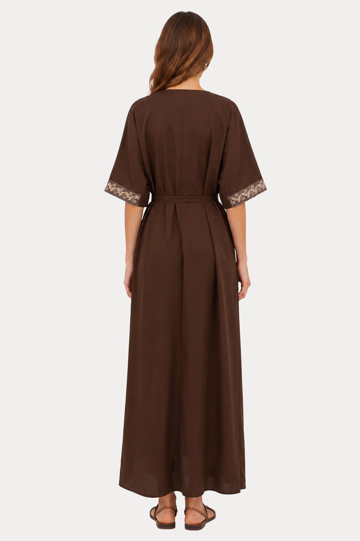 Hanita Relaxed Fit Kemerli Midi Keten Elbise