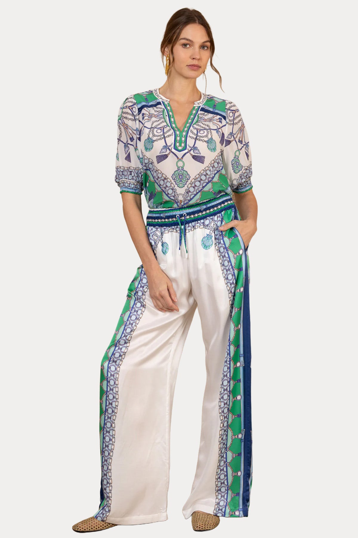 Hale Bob Beli Lastikli Desenli Wide Leg İpek Pantolon