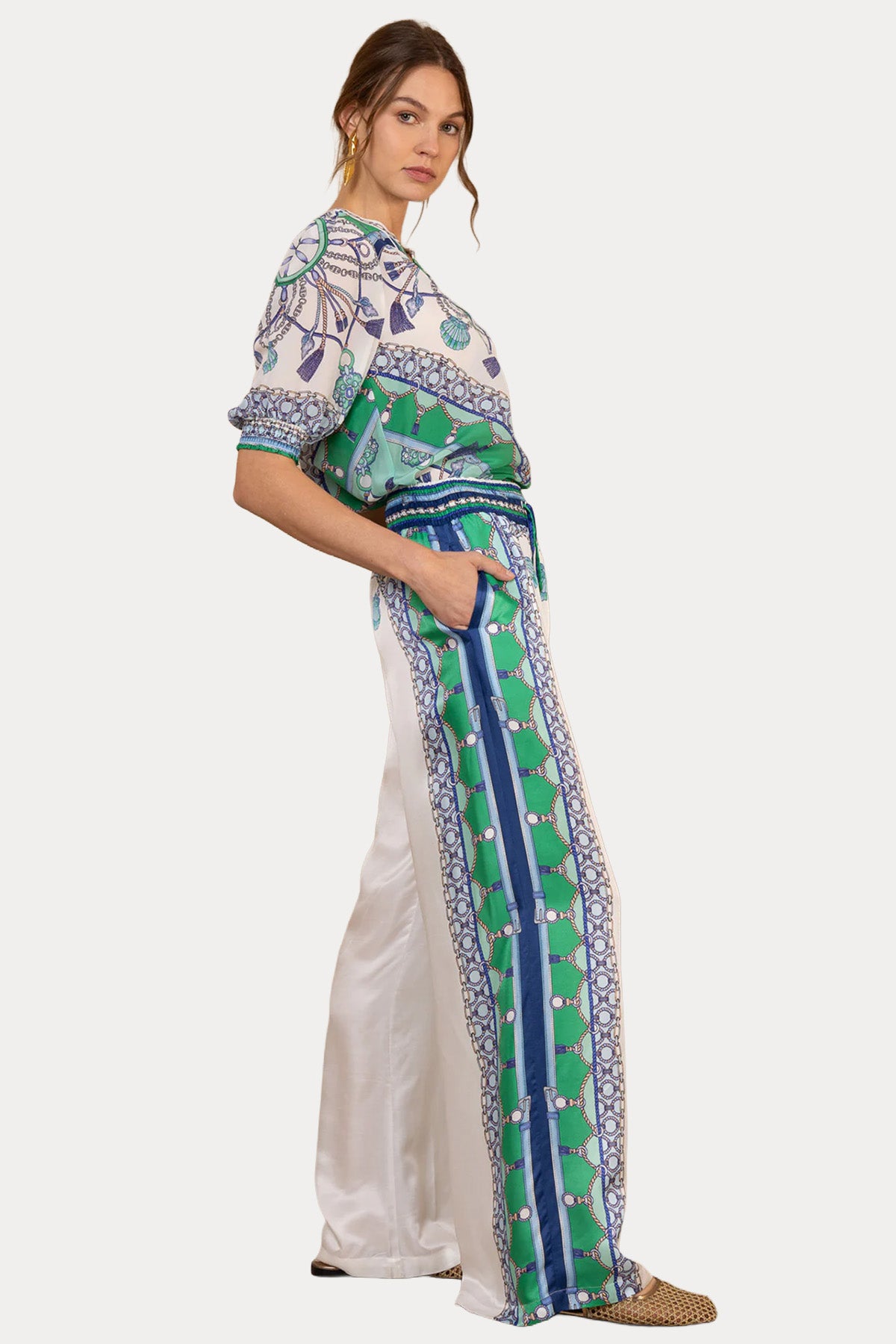 Hale Bob Beli Lastikli Desenli Wide Leg İpek Pantolon