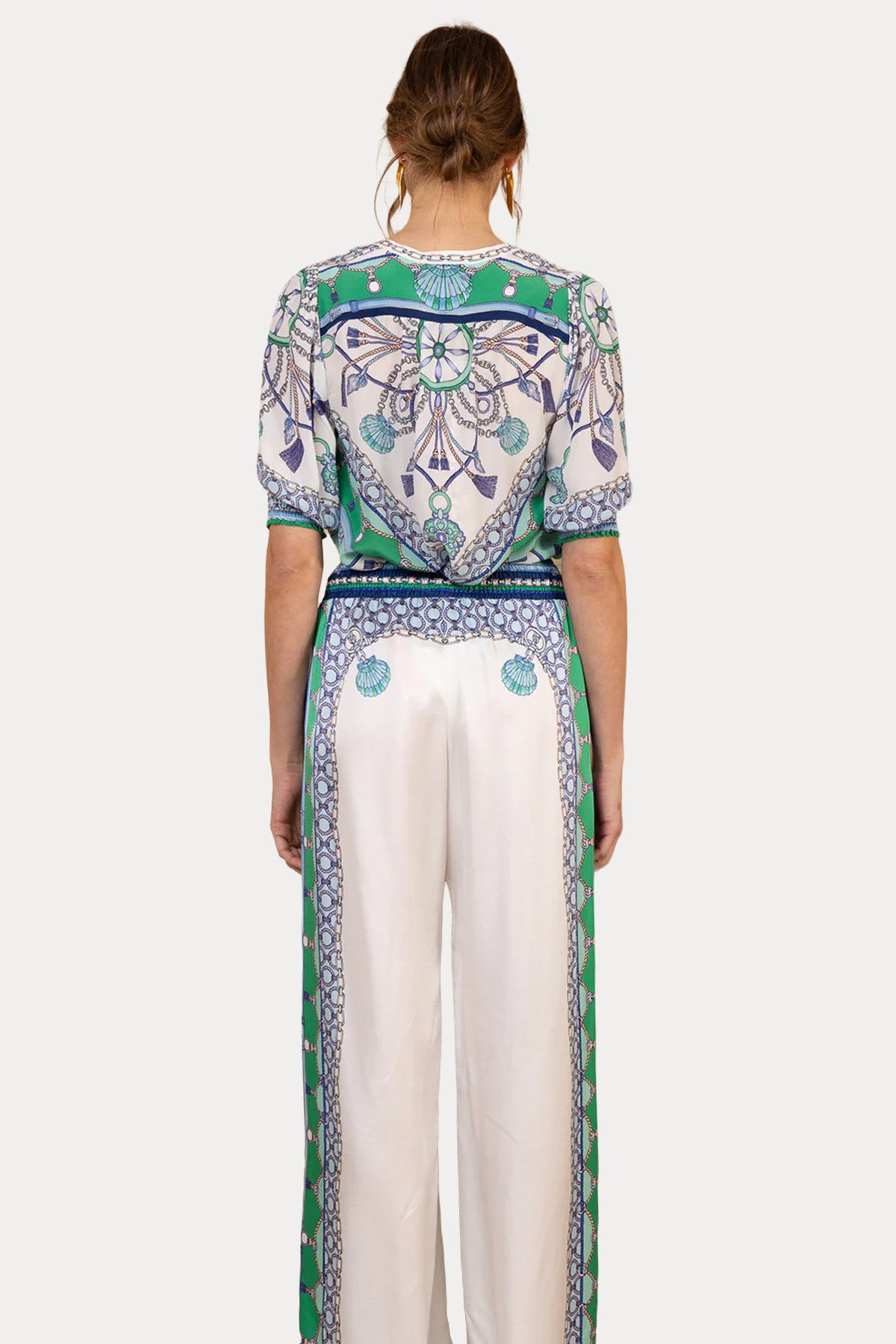 Hale Bob Beli Lastikli Desenli Wide Leg İpek Pantolon