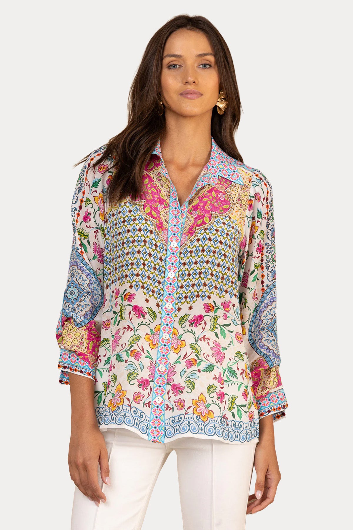 Hale Bob Relaxed Fit Etnik Desenli İpek Gömlek