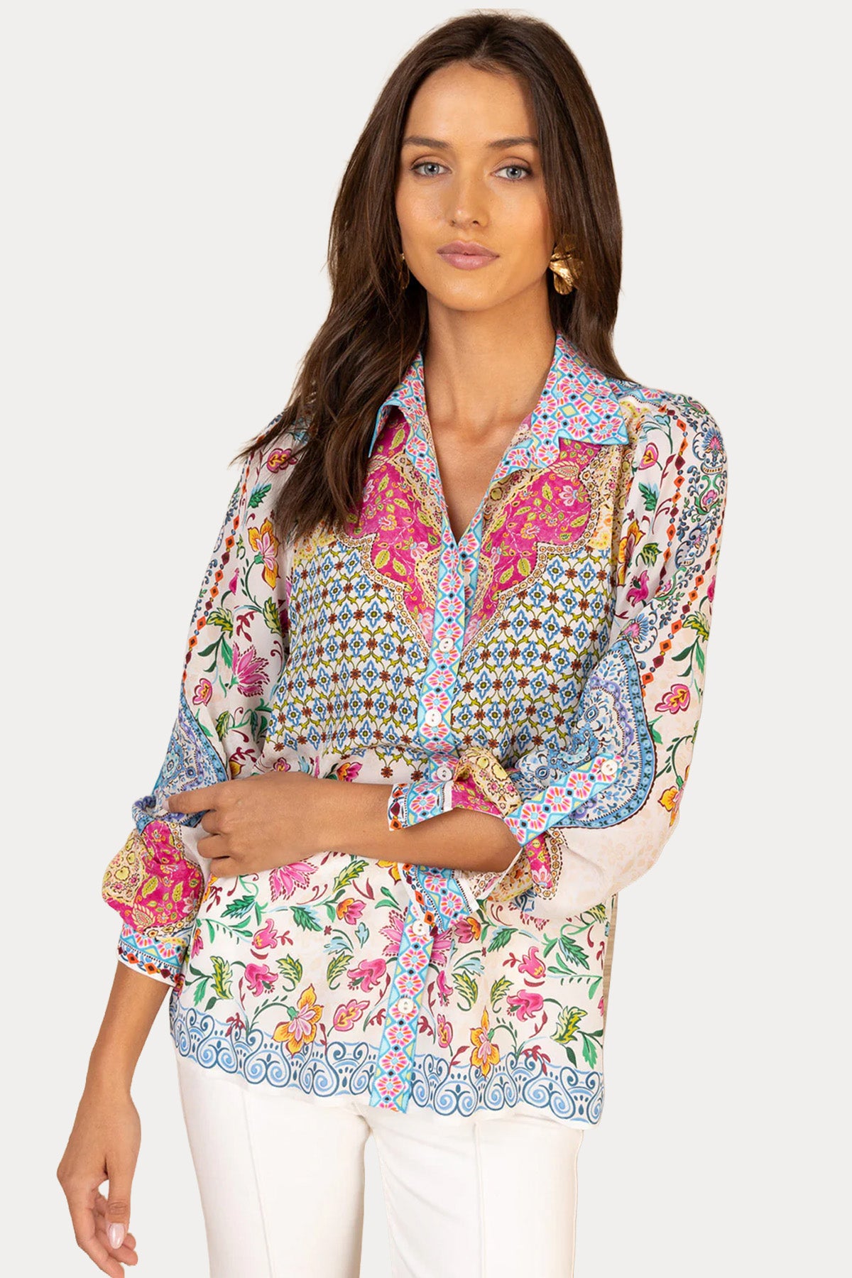 Hale Bob Relaxed Fit Etnik Desenli İpek Gömlek