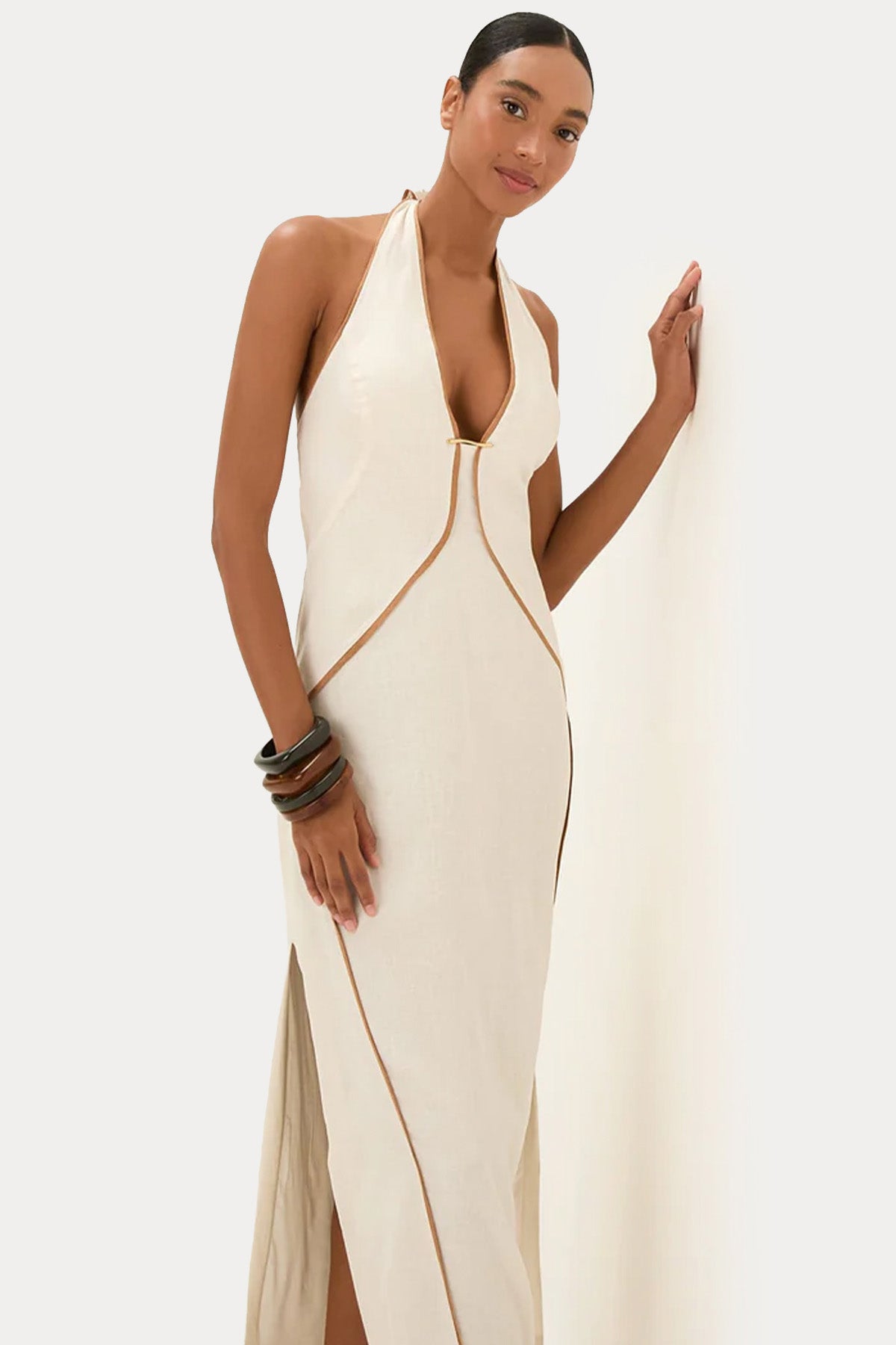 Vix Solid Iva Boyundan Bağlamalı Maxi Keten Elbise