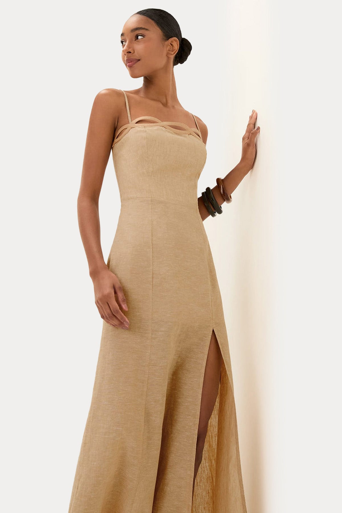 Vix Solid Bianca Midi Keten Elbise