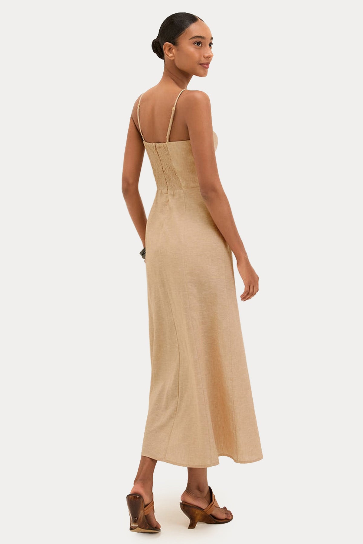 Vix Solid Bianca Midi Keten Elbise