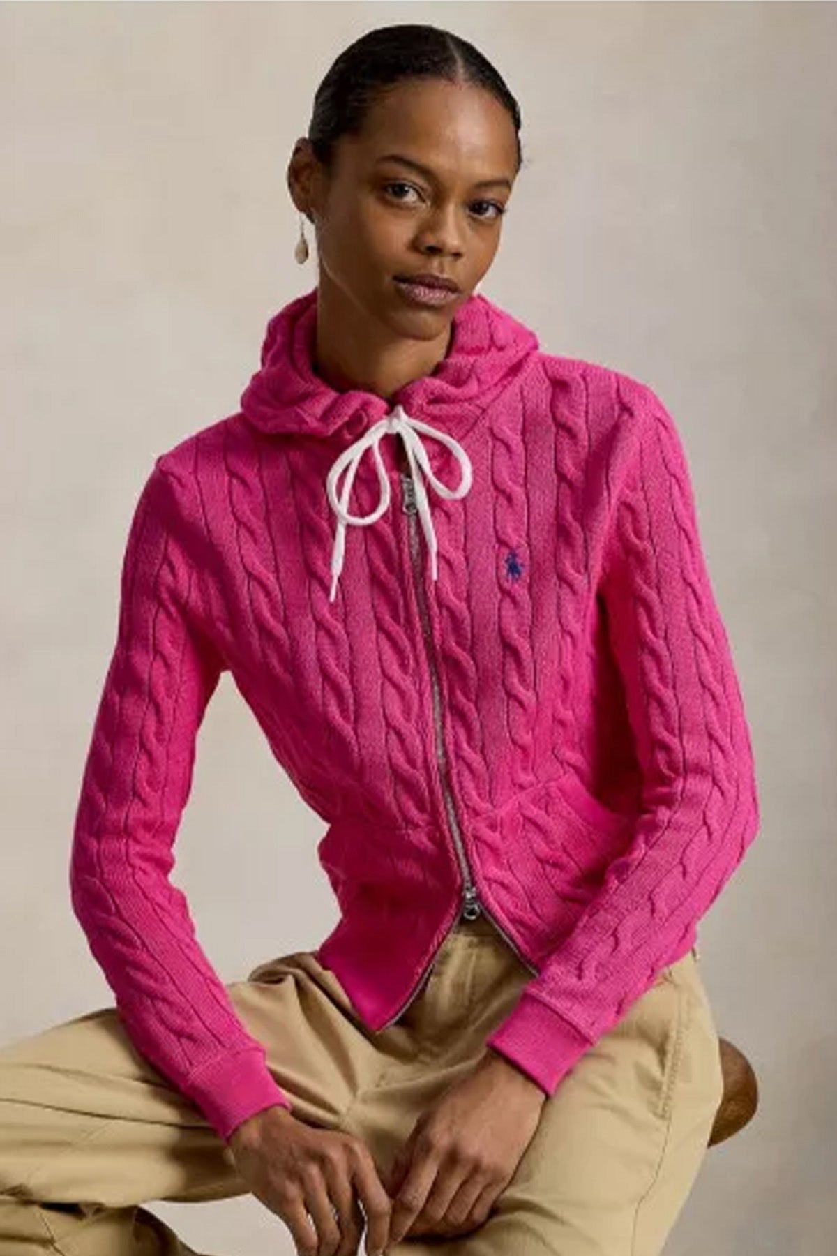 Polo Ralph Lauren Kapüşonlu Saç Örgü Triko Ceket