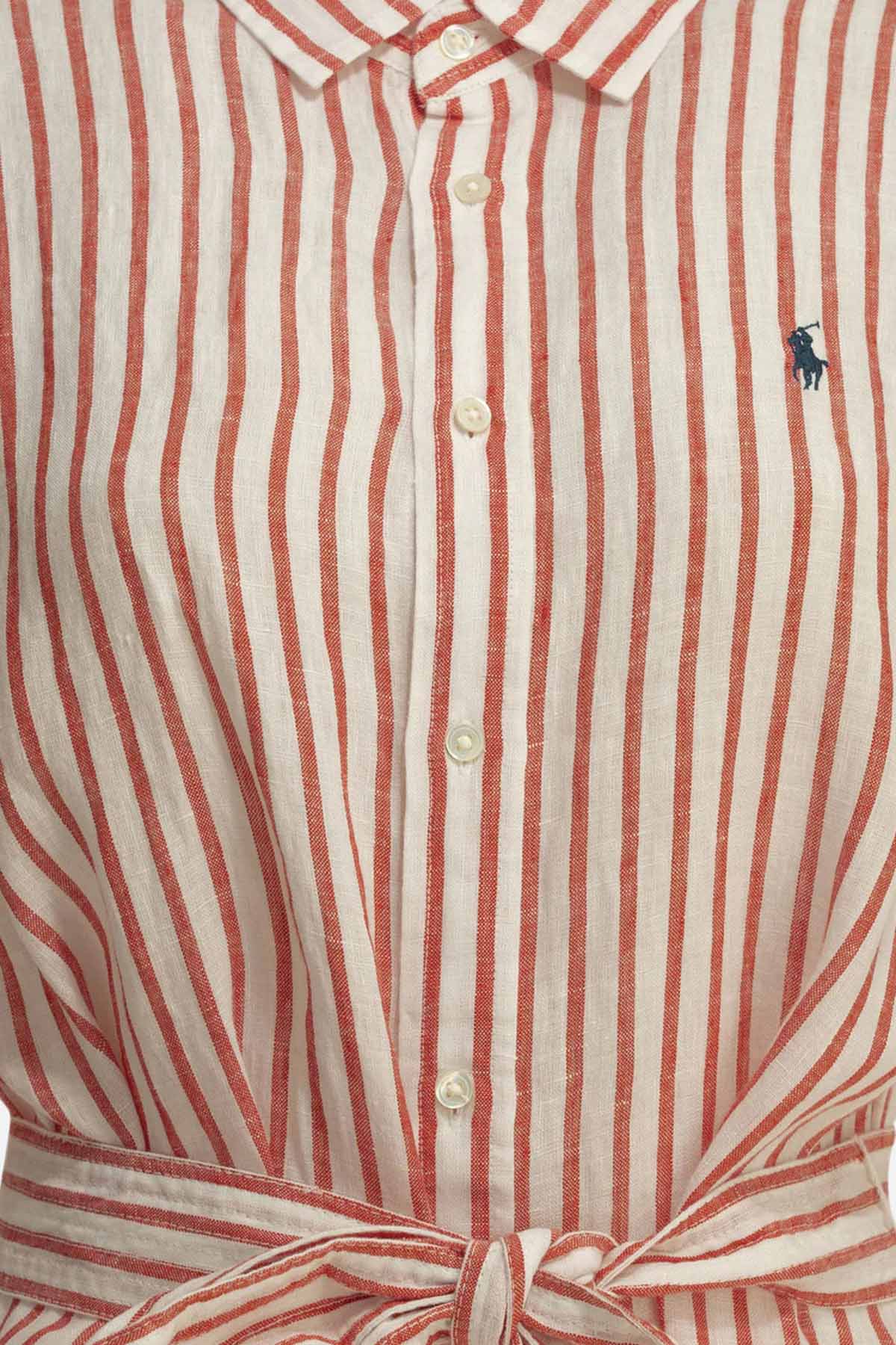 Polo Ralph Lauren Çizgili Kemerli Midi Keten Elbise