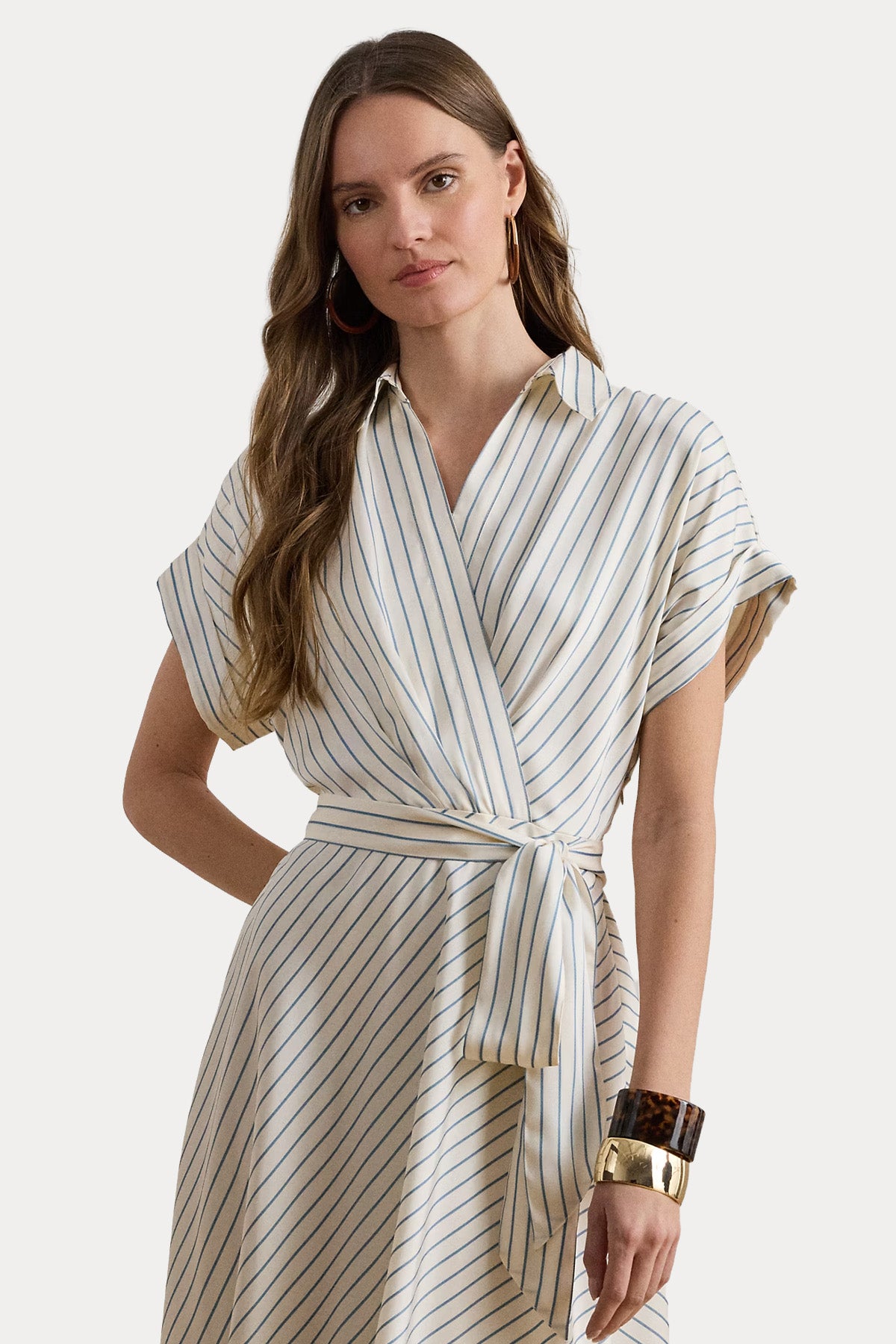 Polo Ralph Lauren Çizgili Kruvaze Kemerli Midi Elbise