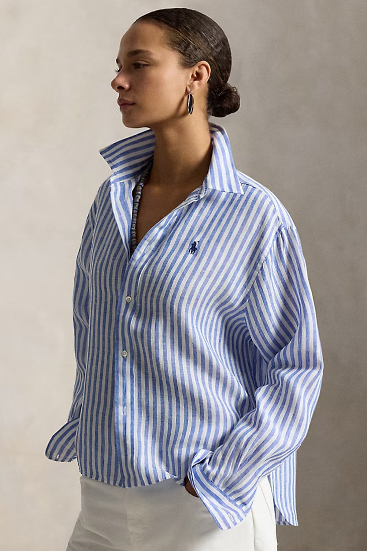 Polo Ralph Lauren Crop Boxy Fit Çizgili Keten Gömlek