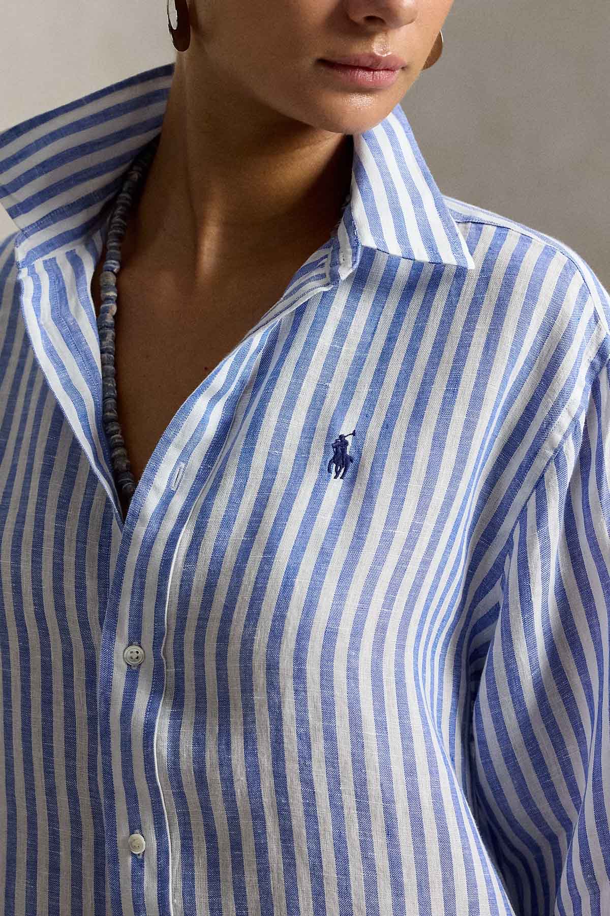 Polo Ralph Lauren Crop Boxy Fit Çizgili Keten Gömlek