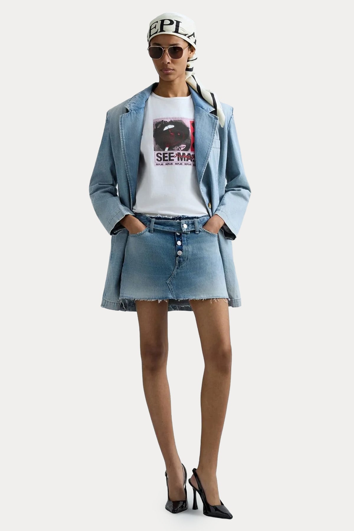 Replay Yıkamalı Kemerli Mini Denim Etek-Etek-Libas