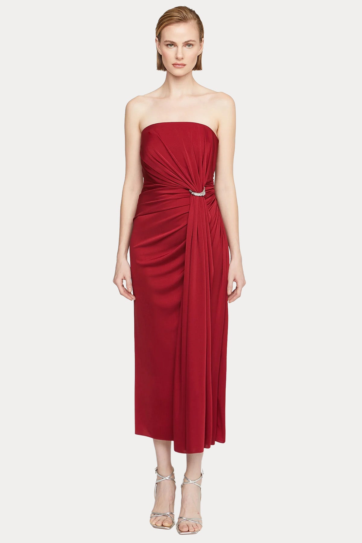 Halston Nadia Jarse Straplez Midi Abiye Elbise-Abiye-Libas