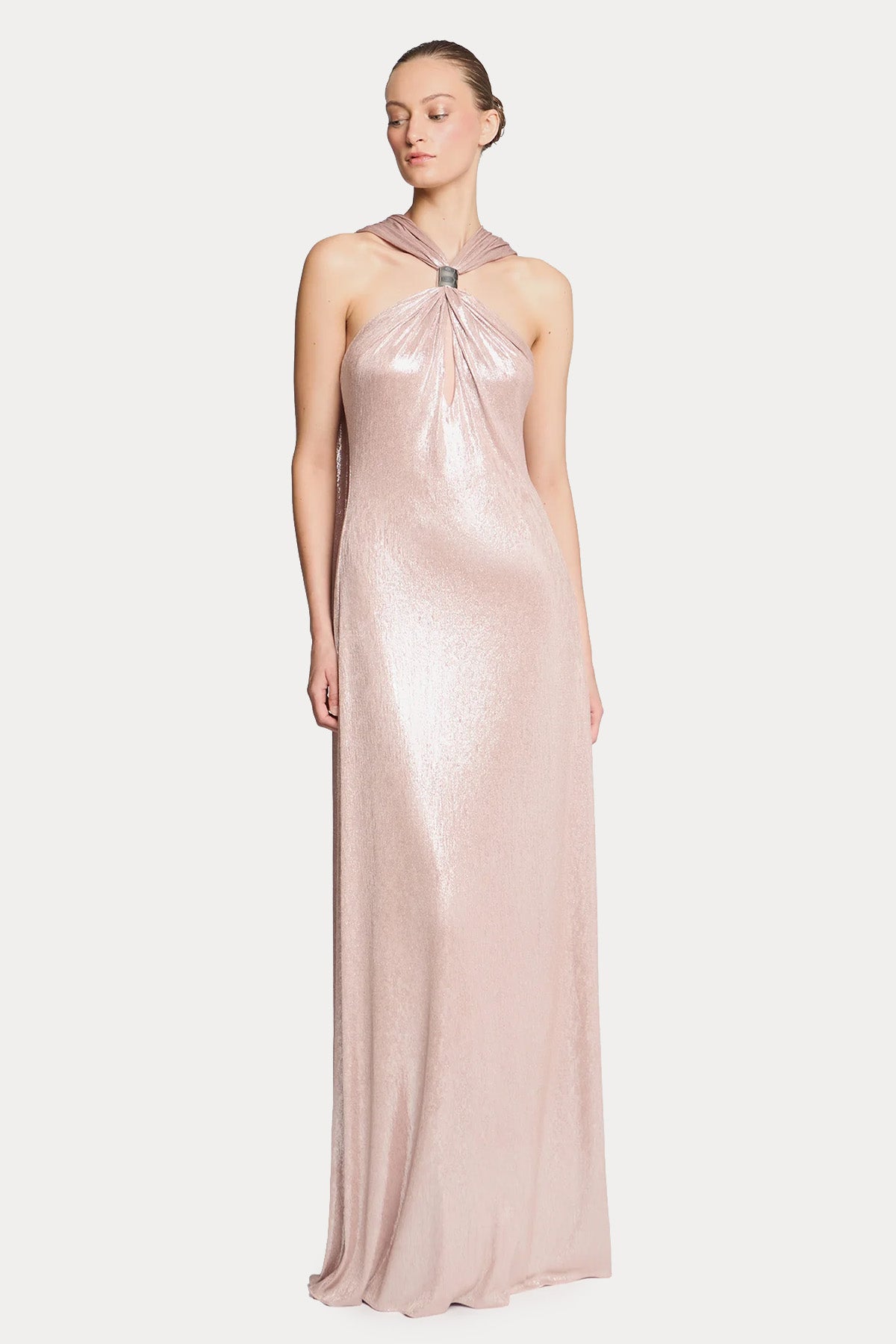 Halston Sofie Metalik Jarse Streç Maxi Abiye Elbise-Abiye-Libas