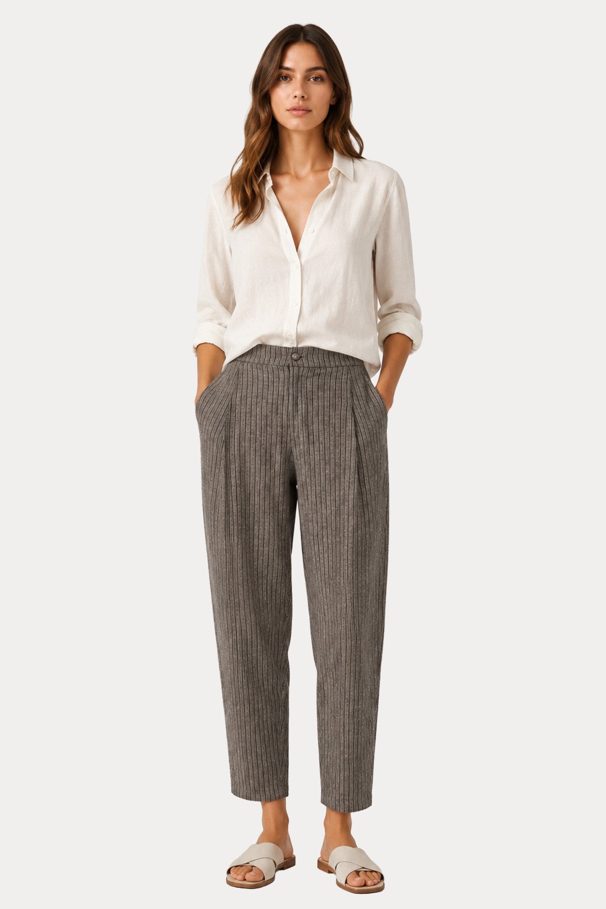 Transit Relaxed Fit Yüksek Bel Tek Pile Çizgili Pantolon