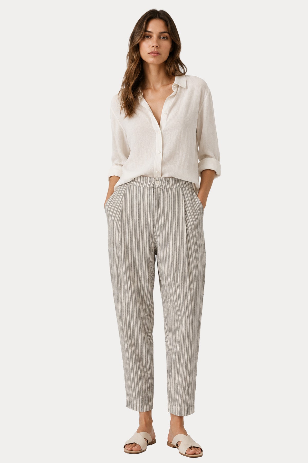 Transit Relaxed Fit Yüksek Bel Tek Pile Çizgili Pantolon