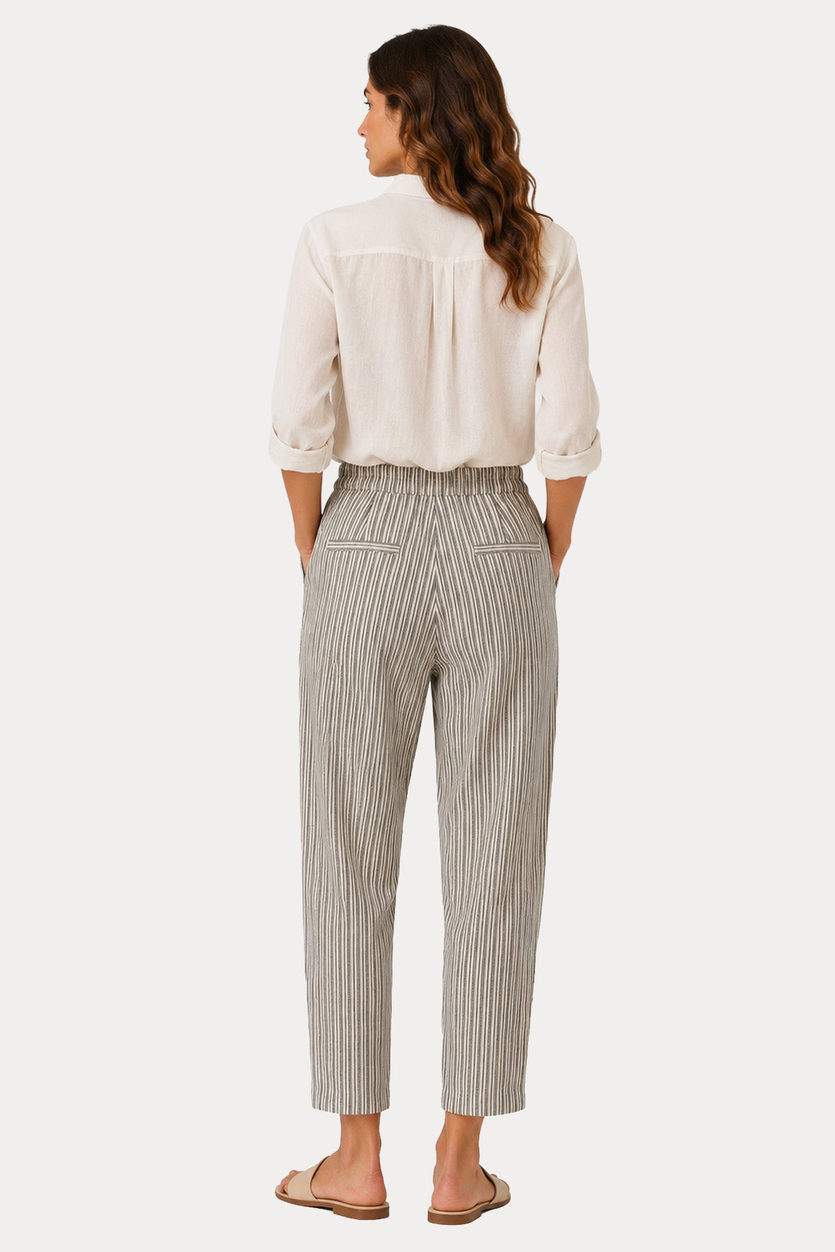 Transit Relaxed Fit Yüksek Bel Tek Pile Çizgili Pantolon