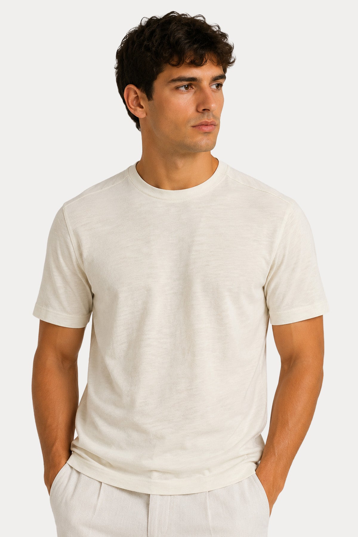 Transit Regular Fit Keten Yuvarlak Yaka T-shirt