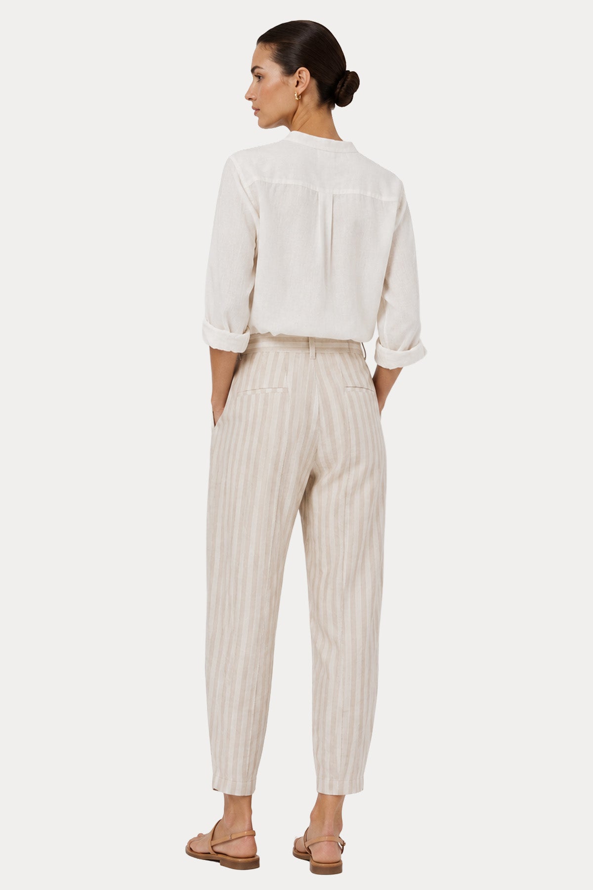 Transit Relaxed Fit Çizgili Streç Keten Pantolon