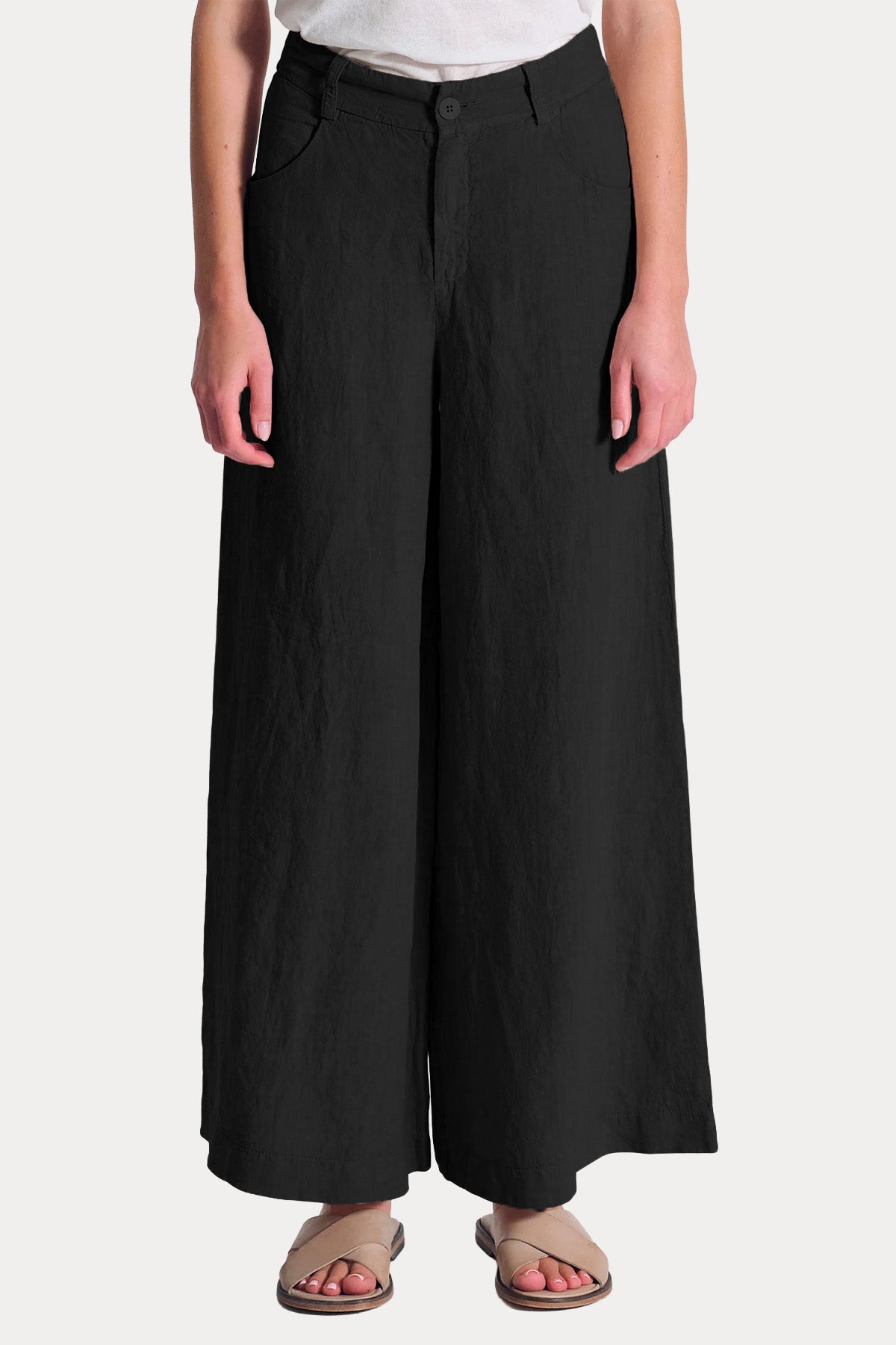 Transit Wide Leg Yüksek Belli Keten Pantolon-Pantolon-Libas
