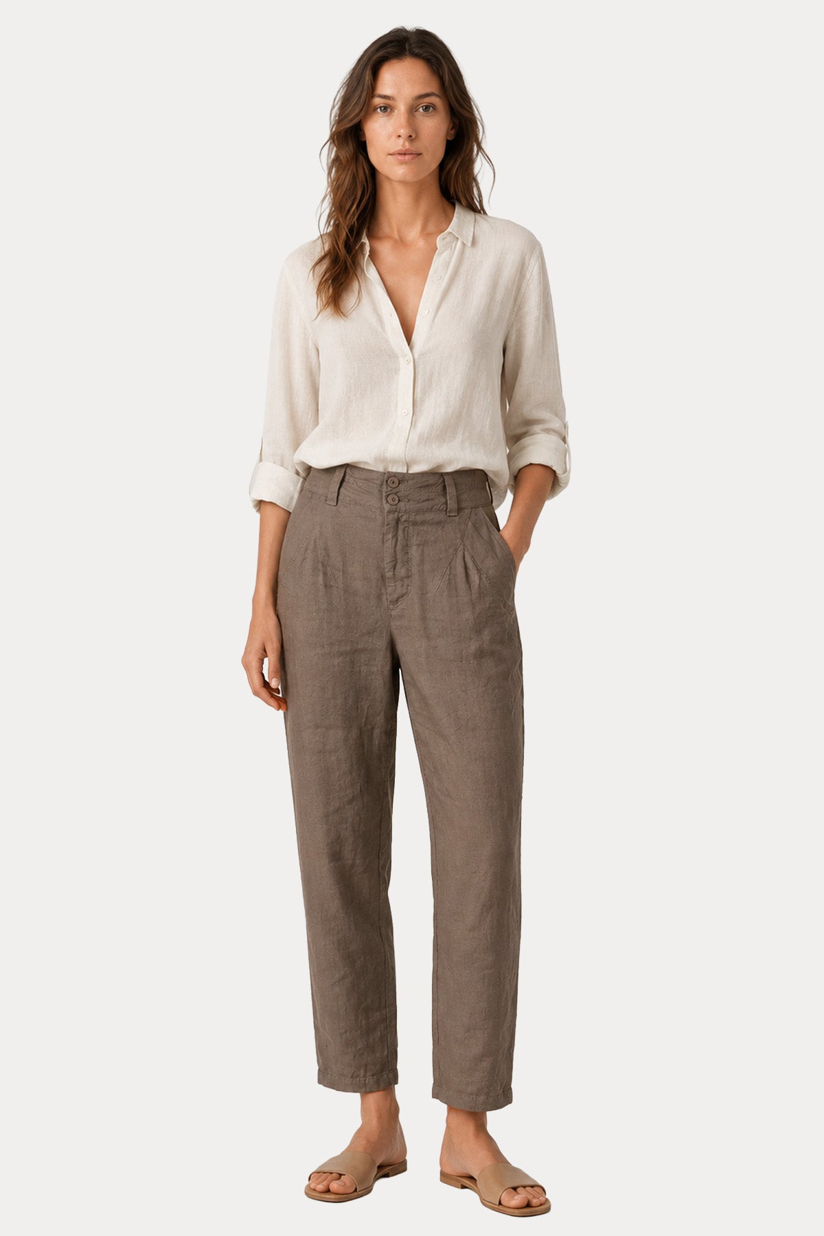 Transit Comfort Fit Yandan Cepli Keten Pantolon