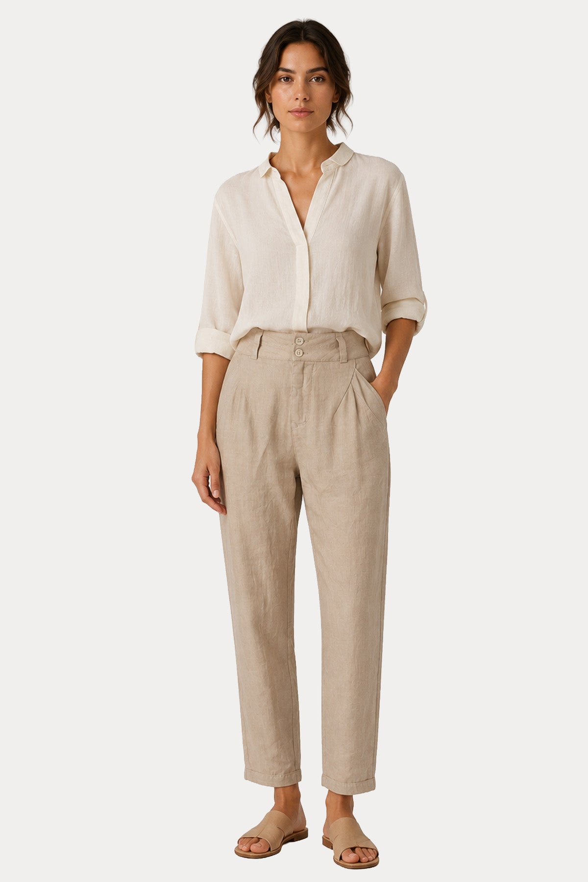 Transit Comfort Fit Yandan Cepli Keten Pantolon