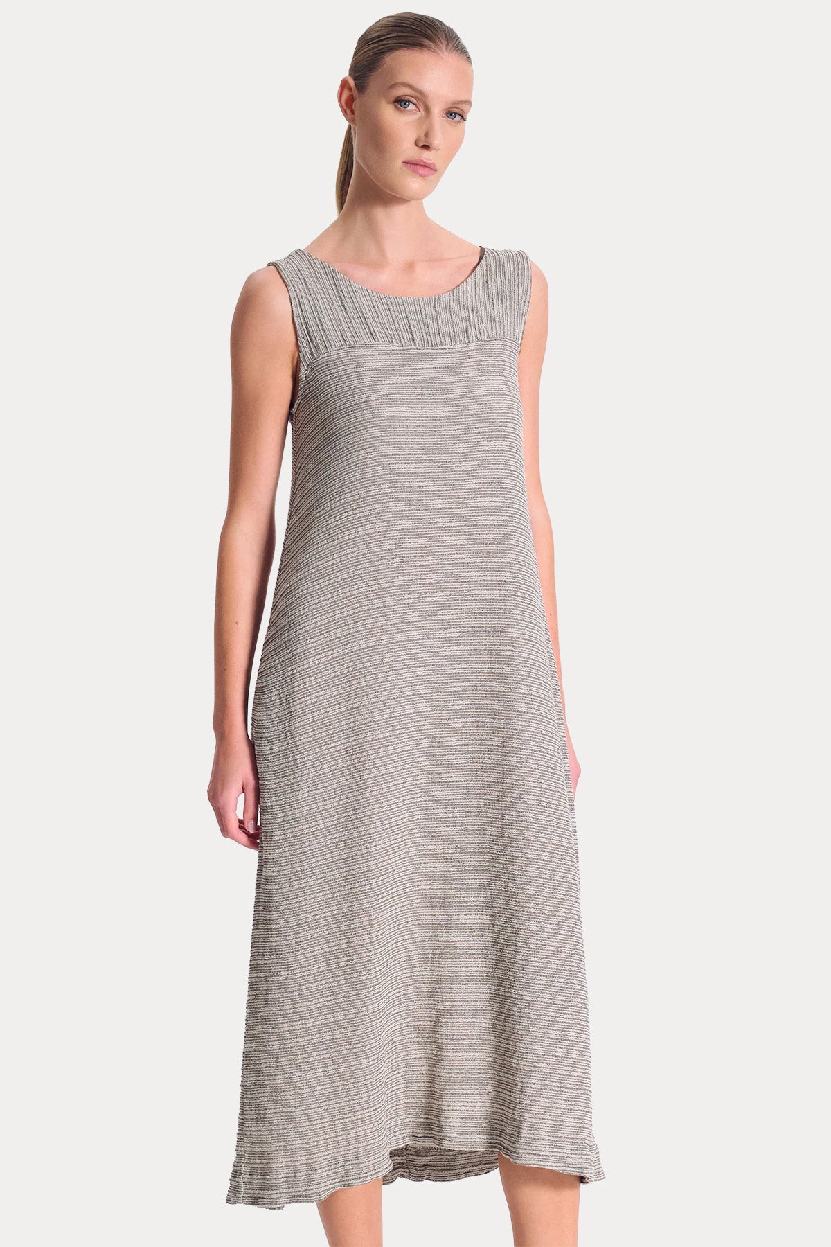 Transit Relaxed Fit Yuvarlak Yaka Keten Midi Elbise-Elbise-Libas