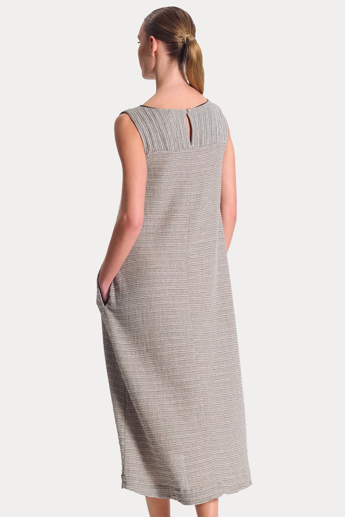 Transit Relaxed Fit Yuvarlak Yaka Keten Midi Elbise-Elbise-Libas