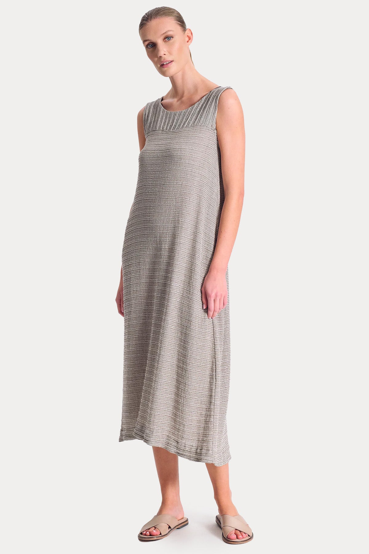 Transit Relaxed Fit Yuvarlak Yaka Keten Midi Elbise-Elbise-Libas