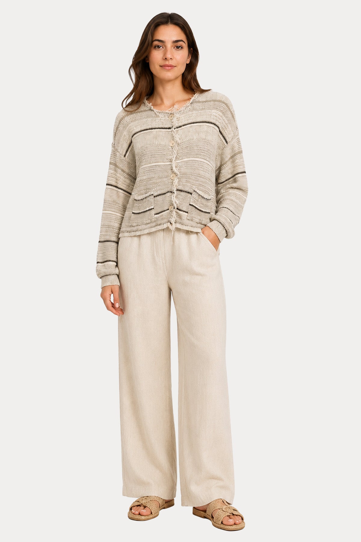 Transit Relaxed Fit Çizgili Keten Triko Ceket