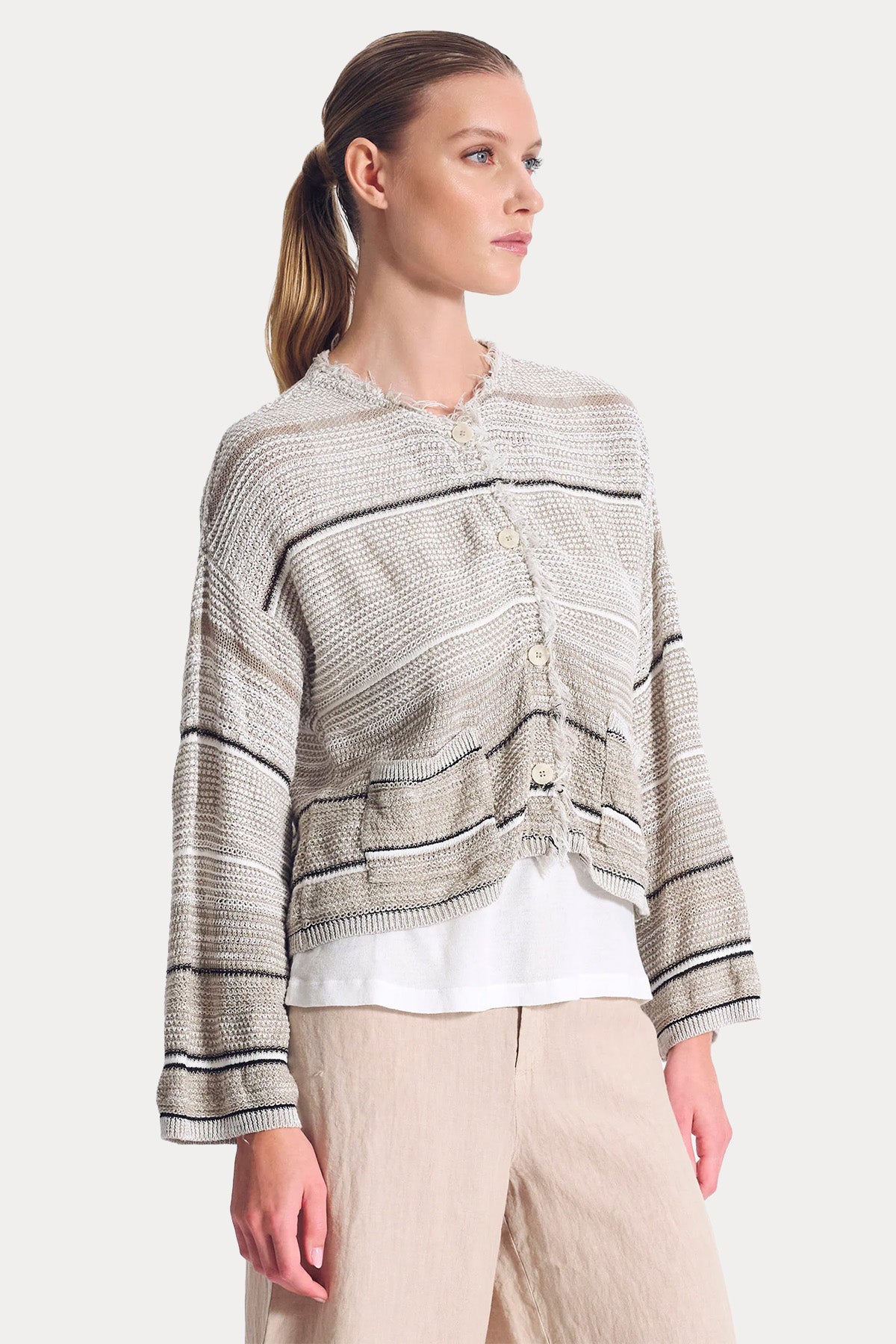 Transit Relaxed Fit Çizgili Keten Triko Ceket-Ceket-Libas